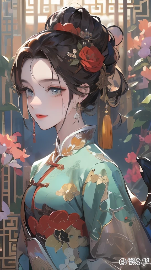 The ultimate masterpiece、top-quality、Mysterious night、The moon is empty、A mature and gorgeous Chinese antique sister smiled，Brunette hair and a high updo covered her calm and intellectual countenance，Embellished with hairpins set on her hair flowers，Meticulously depicted facial details，Eyes with detailed outlines，She was dressed in period costume，Elegant posture，The red lips exude a mysterious charm，Condensed with gorgeous temperament，Gray pupils shone with wisdom，Long hair flowing like a waterfall，Tapered flowers embellish her elegant temperament。
