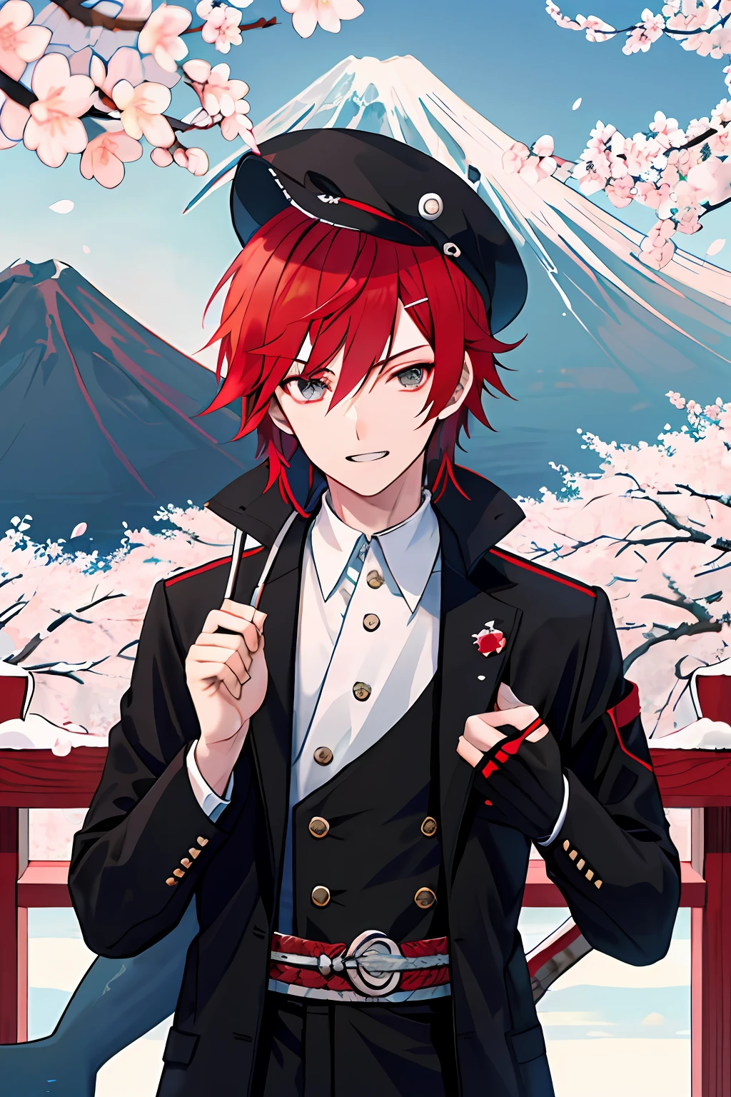 male people，redheadwear，Shark teeth，exteriors，Mt. Fuji in the background，Cherry blossom elements，Brush your hair with your hands，Upper body outfit，Black coat showing abs