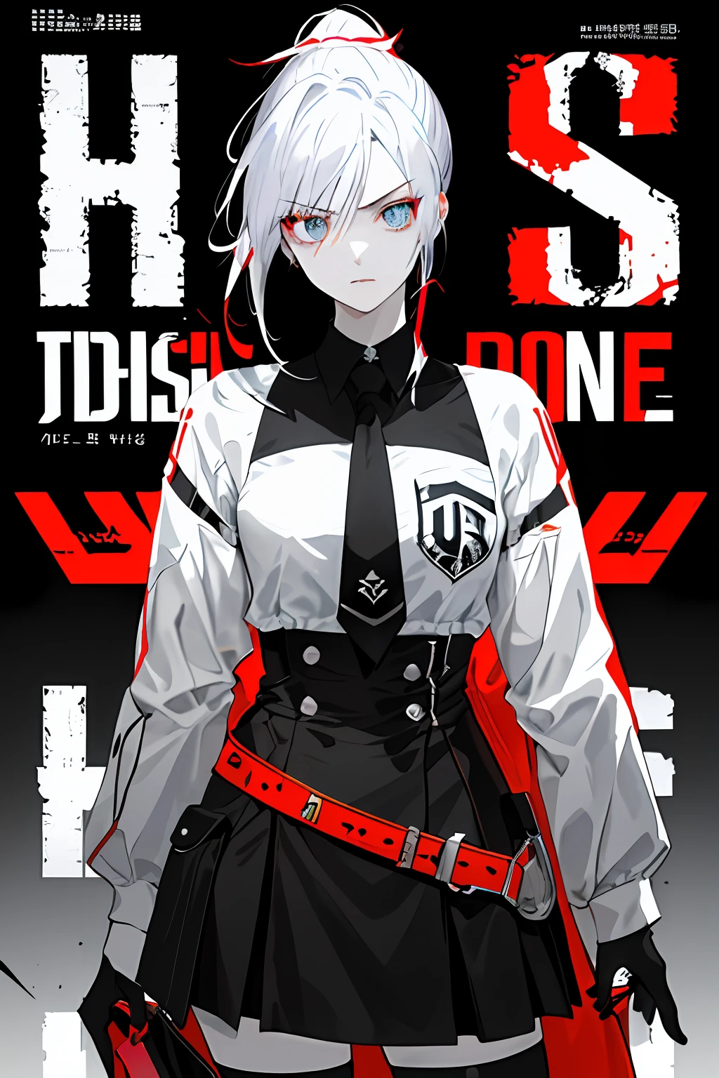 ((((dramatic))), (((gritty))), (((intense))) The movie poster features a young woman as the central character。She stands confidently in the center of the poster,The hair is white like the bangs of Jinx,As well as a high ponytail,Dress in fashion-forward clothing,with a determined expression on her face。The background is dark and gritty,There is a sense of danger and a strong feeling。The text is bold and eye-catching,With catchy slogans,Adds to the overall drama and excitement。The color palette is dominated by dark colors,Dotted with bright colors,Make the poster dynamic and visually striking,tachi-e (magazine:1.3), (cover-style:1.3), fashionable, woman, vibrant, outfit, posing, front,rich colourful,dyna,Background with,element in,self-assured,Expressing the,halter,statement,attachment,A majestic,coil,Runt,Touching pubic area,Scenes,text,Cover of a,boldness,attention-grabbing,titles,Fashionab,typeface,Catchy,titles,more big,smart、moderno、Trendy、focus-on、Fashionab、