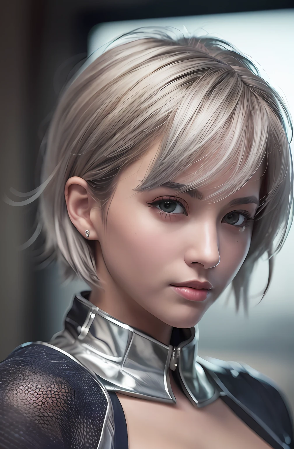 (8k, photorealistic, RAW photo, top quality: 1.4), (1girl), super beautiful, (realistic face), (boyish, silver-colored berry short hair), beautiful cyberpunk suit, glares seducing viewer, beautiful expression, beautiful , (realistic skin), beautiful smile, (soldier), attractive, ultra high resolution, ultra realistic, high definition, spoiled