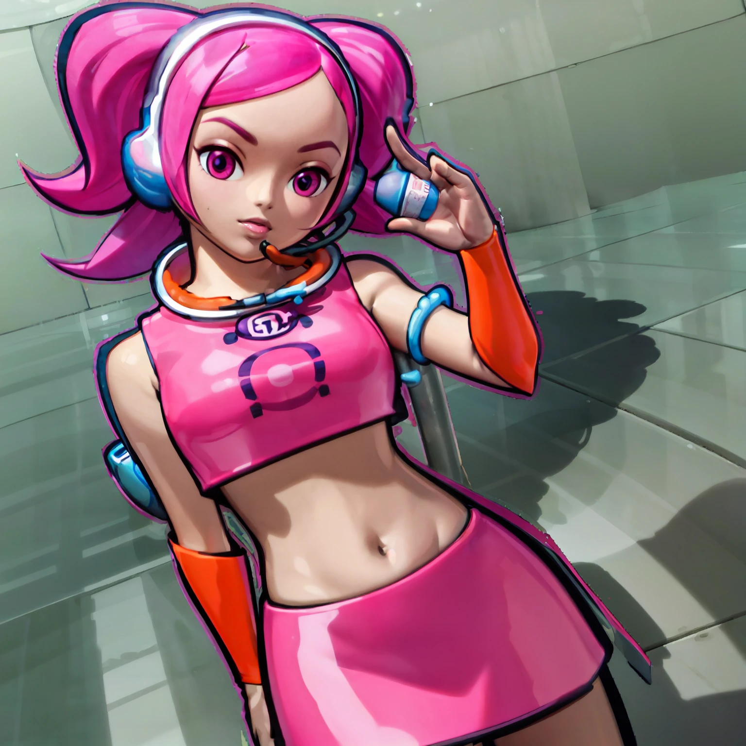 ulala5, masterpiece, best quality, solo, 1girl, high resolution, great detail, pink hair, pigtails, crop top, skirt, headphones, orange outfit, standing, looking at viewer, cute, perfect body, perfect hands, simple background, holding microphone,