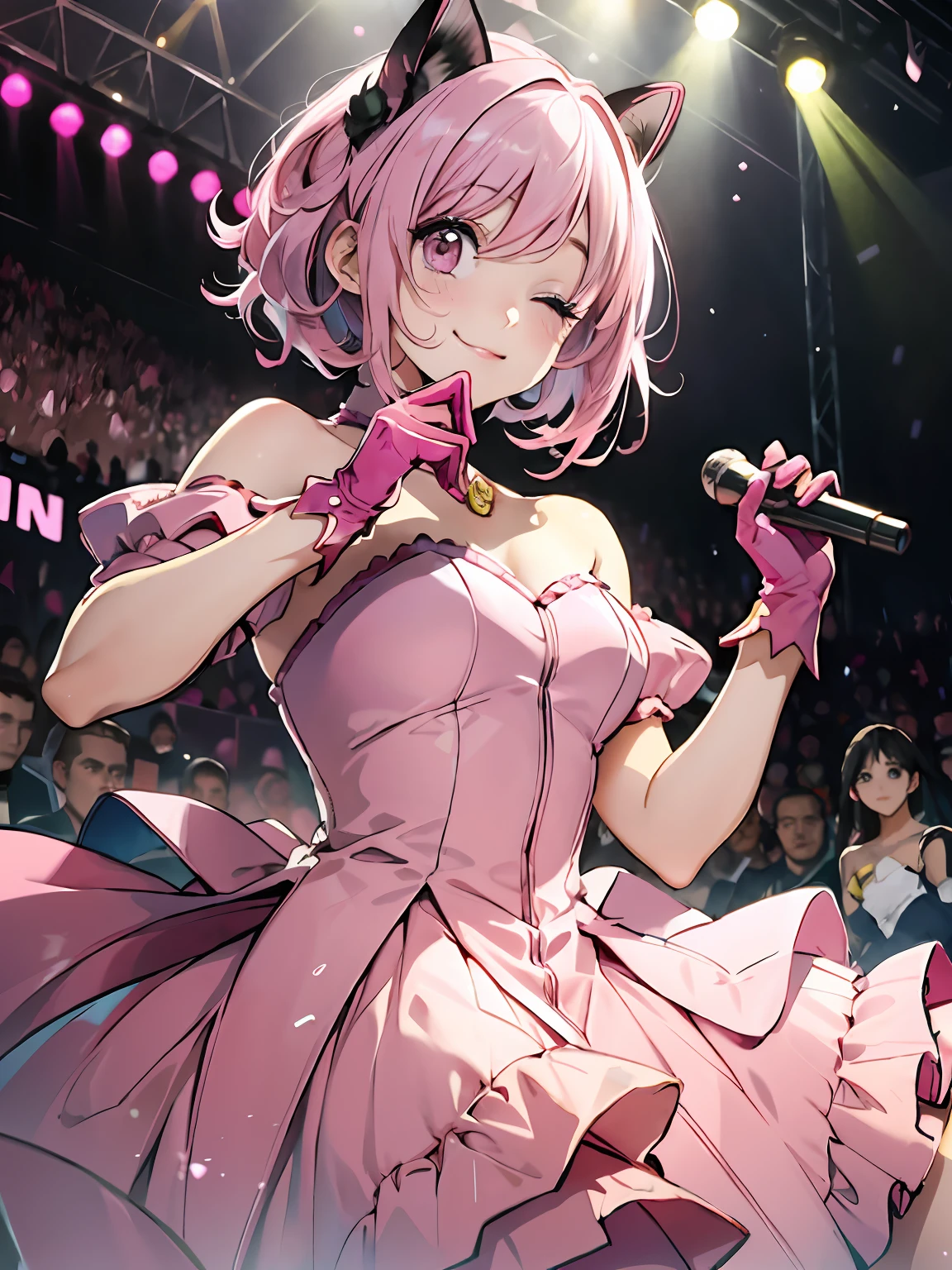(illustration:1.1),(best quality),(masterpiece:1.1),(beautiful and clear background:1.25),(masterpiece, best quality, ultra-detailed), (photorealistic), (beautiful detailed eyes),
stage,stage lights,(pink hair,red hair),
1girl,solo,looking at viewer,cowboy shot, upper body,
uehara ayumu, yellow eyes, frilled dress, pastel pink dress,light smile,depth of field,(pastel pink gloves:1.4),frilled gloves,swept bangs,
bare shoulders, one eye closed,round teeth,
ai's pose,double v,