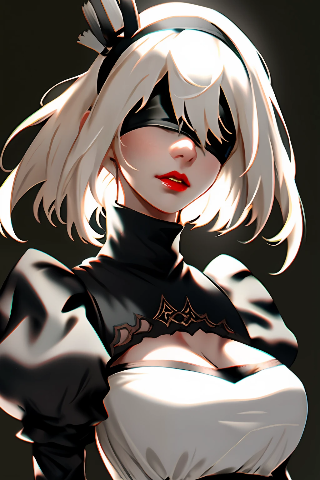 yorha no. 2 type b, 1girl, wlop, (blindfold), breasts, cleavage, cleavage cutout, clothing cutout, green background, hair between eyes, hairband, highres, juliet sleeves, long sleeves, nier (series), nier automata,  puffy sleeves, red lips, shaded face, short hair, solo, turtleneck, upper body, white hair, sky