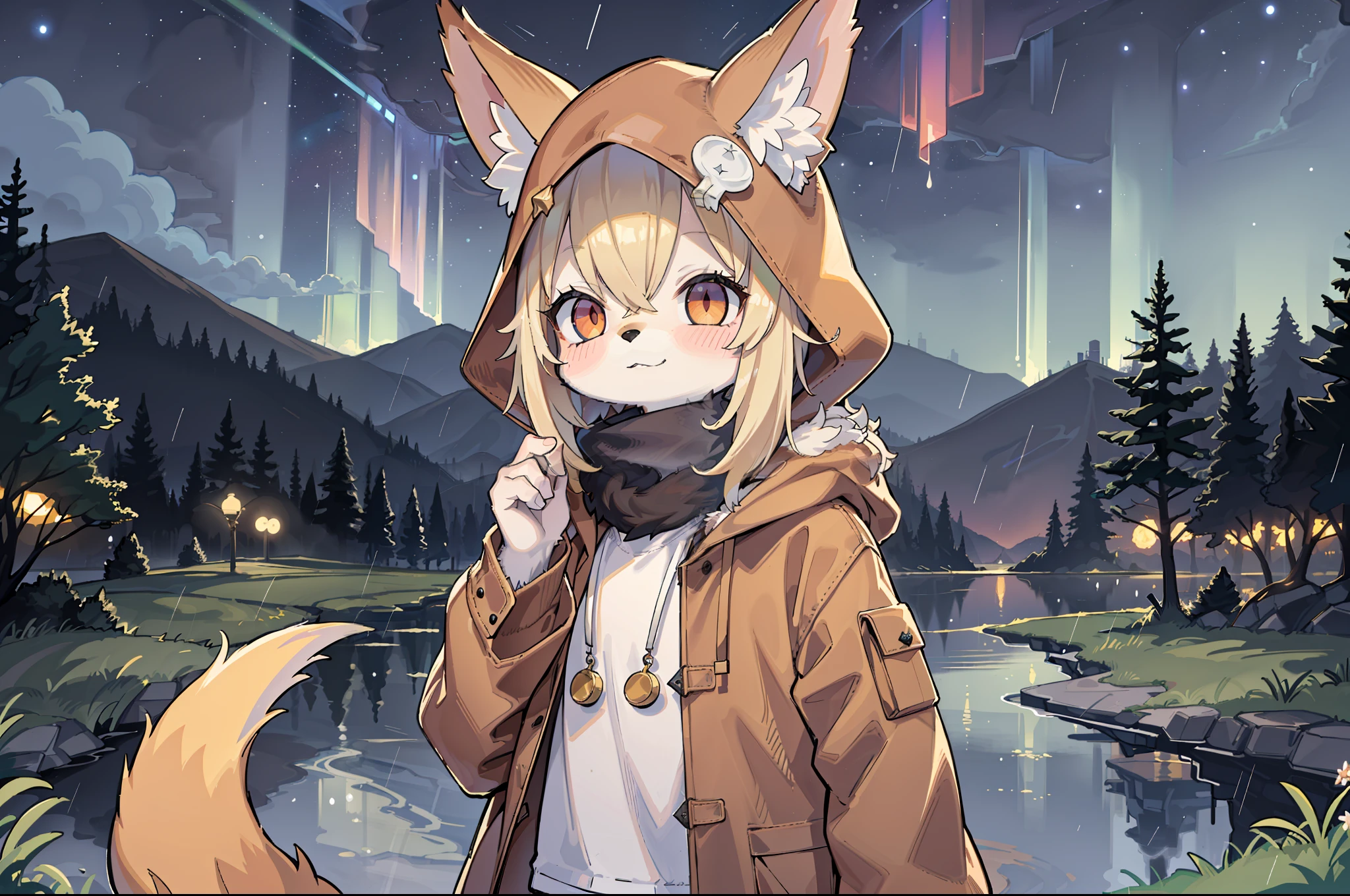 Shota the fox，hairy pubic，shaggy，Skin fur，Golden fur，Golden yellow face fur,Short straight blonde hair，Eyes have light，Red eyes，Brown elements on fur，Brown coat brown hood up，Star pattern white top，brown shorts，Beautiful lights and shadows，Ambient light，Ultra-fine fur，volumettic light,natural  lightting，fox tails，Fluffy tail，No Man, Lake, dark scenery, rain，Night，starrysky，Vast landscape，crossed bangs, Hairline, Shiny hair, lone nape hair, ，Dilated pupils，Sleepy，（moon full：1.2），（meteors：0.9），（Starcloud：1.3）（Warm light source：1.2），aurora，Rained，wetclothes, (overcast sky, Standing downpour:1.1), Extra-long sleeves， Purple and orange，Complicated details，Volumetriclighting，Realist breakthrough（tmasterpiece：1.2）（best qualtiy），4K，Ultra-delicate，（Dynamic configuration：1.4），Highly detailed and colorful details，（Irridescent color ：1.2），（luminouslighting，Atmospheric lighting），dream magical，magic，（独奏：1.2）Glowing light,Light blush, The smiley face has a faint blush, smiley，Single