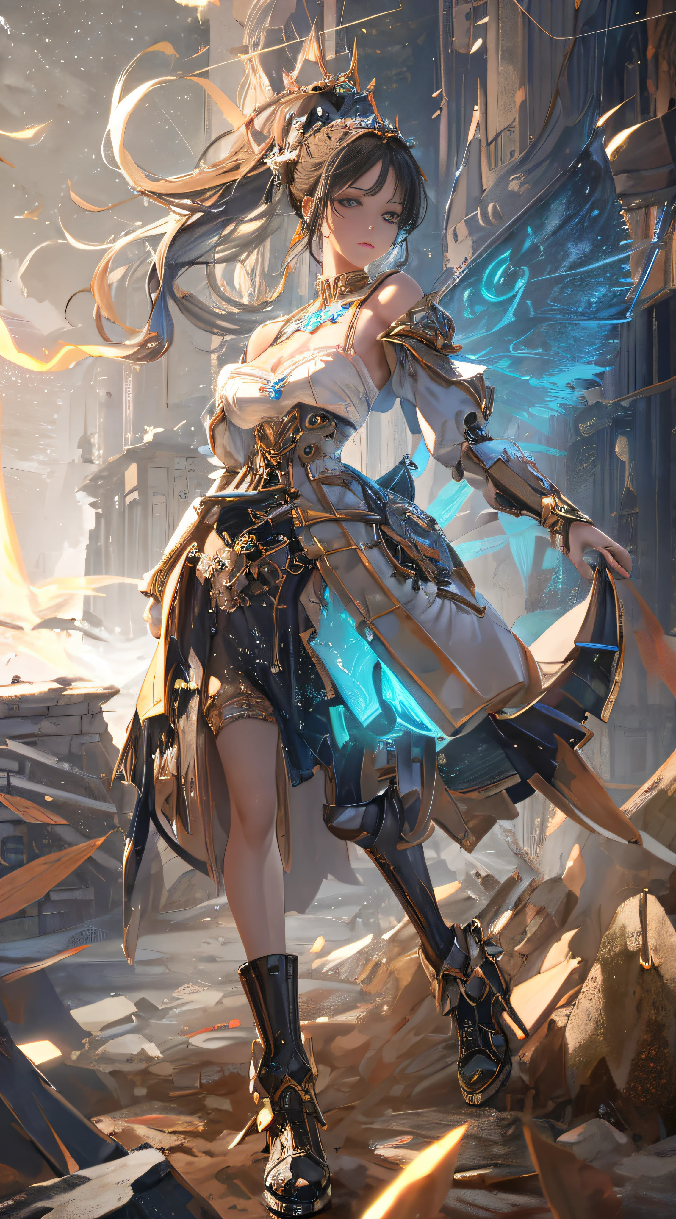 ((best qualtiy)), ((tmasterpiece)), (the detail:1.4), 3D, Dynamic action poses for battle scenes, Wings with jet engines, Kizi, Mechanical body, Countless large glowing spheres rotate, Lots of spark crossings and splashes, Mechanical body, Off-the-shoulder fashion that blends detail and intricate steampunk and detailed gothic Lolita, poses that invoke magic, Large ball of light that rotates and flies,Countless neon signs fall from the sky,very thin long legs,Mechanical boots over the knee,Orange and blue alternating background,Intricate steampunk headdress against alternating background of ice and fire,Fluttering lace flared miniskirt,upturned and beautiful small breasts,Clean long silver hair,Long vertical curls,Wind driven,Burning futuristic complex steampunk factory background,cinmatic lighting,HDR(HighDynamicRange), Ray traching, NVIDIA RTX, Hyper-Resolution, Unreal 5, sub surface scattering, PBR textures, post-proces, Anisotropic filtering, depth of fields, Maximum clarity and sharpness, Many-Layer Textures, Albedo e mapas Speculares, Surface Coloring, Accurately simulate light-material interactions, perfectly proportions, rendering by octane, twotonelighting, largeaperture, Low ISO, White balance, trichotomy, 16K RAW,(tmasterpiece,Sideslit,Fine beautiful eyes:1.2),paleskin,Glowing skin,Surrounded by lights,