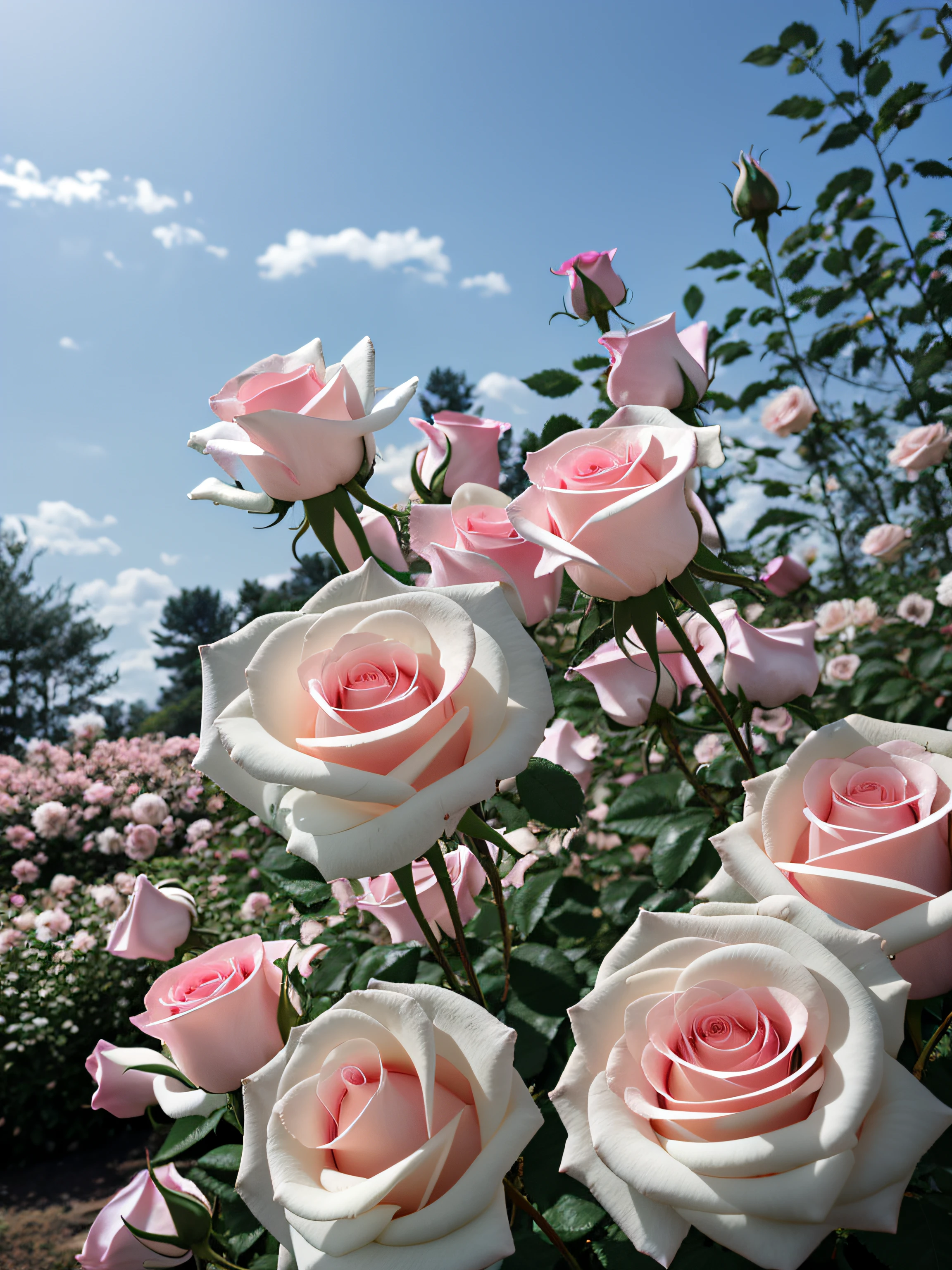 There are a lot of white and pink roses in the garden, an aesthetic field of flowers, Beautiful flowers, Beautiful and aesthetic, Blooming flowers, Really beautiful nature, Beautiful nature, rosette, Beautiful photography, Beautiful image, nature and floral aesthetics, beautiful  flowers, rosses, [ Realistic photo ]!!, pastel roses, beautiful flowers growing, Magical flowers, background is heavenly