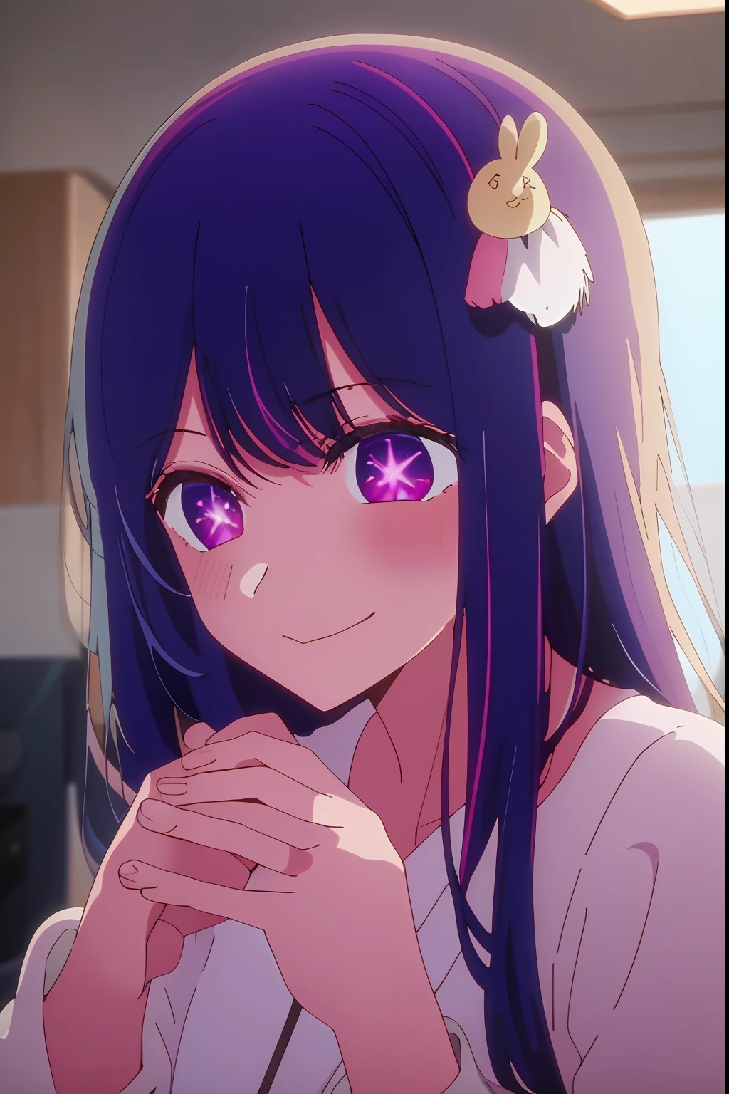 ​masterpiece、ighly detailed、(1 girl in:1.2)、purple color  hair、pink  dress、big eye、a closeup、Naughty smile、8K 、Ai Hoshino、Live performance venue、Star Eyes