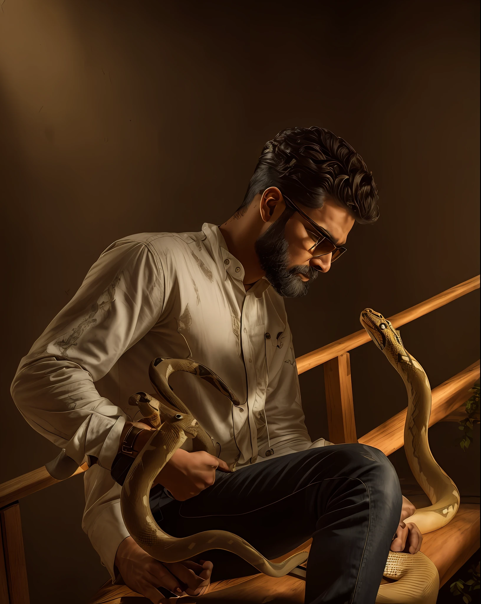 there is a man sitting on a bench holding a snake, with snakes for hair, cinematic shoot, movie stills photography, snakes for hair, cinematic photo shoot, holding a snake, in conceptual & cobra style, taken with sony a7r camera, snake is surrounding them, casual photography, shot on nikon z9, snake human hybrid, stylish pose