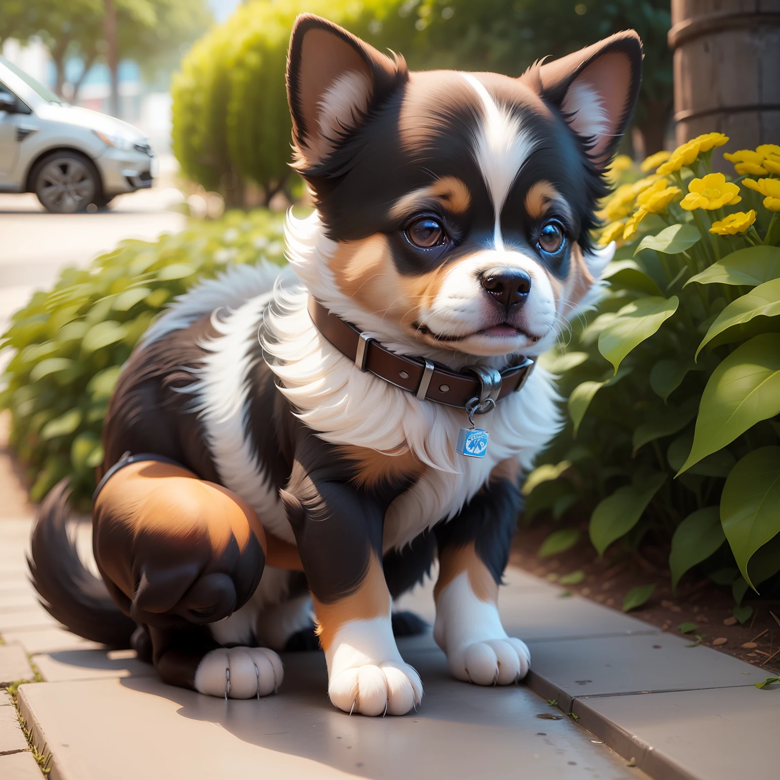 Cachorro shitszu pelagem branca e caramelo filhote, ultra realista, fofinho, sentado no jardim