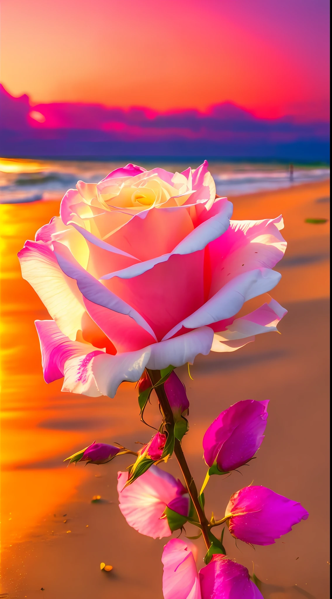 There is a white rose on the beach，The stem is red, melanchonic rose soft light, realistic colorful photography, photo of a rose, with beautiful colors, Vivid and beautiful colors, roses in cinematic light, amazing color photograph, colorful hd picure, author：Jan Rustham, highly realistic photograph, rainbow gradient bloom, hyper realistic color photo, Color HD photography, breathtaking colors