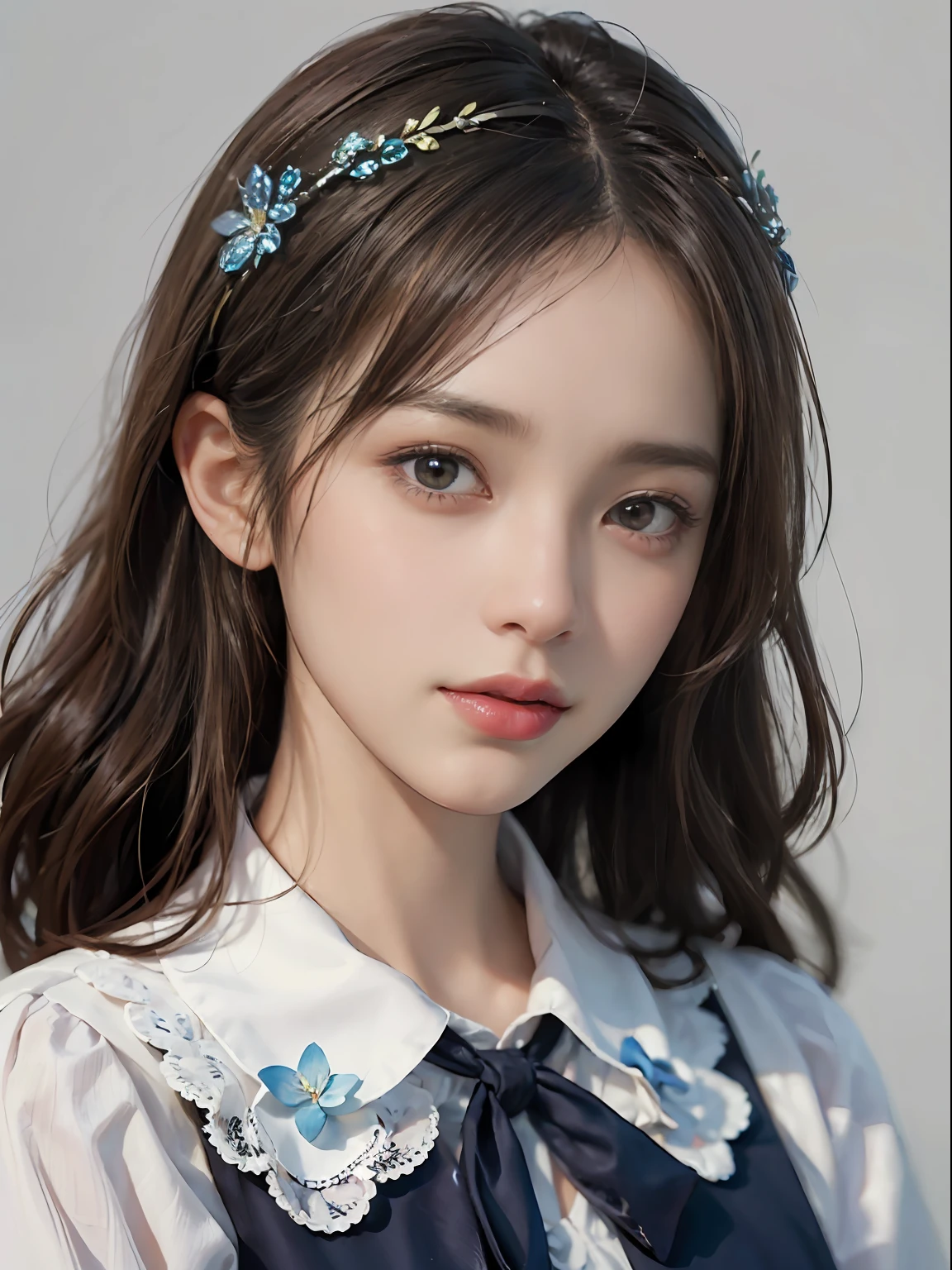 dressed, (photorealistic: 1.4), (hyperrealistic: 1.4), (realistic: 1.3), (smooth lighting: 1.05), (cinematic lighting quality improvement: 0.9), 32K, 1 girl, Japan woman, realistic lighting, backlit, face lights, ray tracking, (bright light: 1.2), (quality improvement: 1.4), ( Realistic textured skin of the highest quality: 1.4), fine detailed eyes, detailed face, fine quality eyes, brown eyes, (moist light pink lips that are wet and reflect light), (tired and sleepy and satisfied: 0.0), white silk blouse with blue floral pattern with ruffles and lace, ribbon ties with thin strings, dark brown hair, short cropped bangs on the forehead, small ribbons on the hair, small flower headbands, One adult woman with faint smile (isolated on white background)
