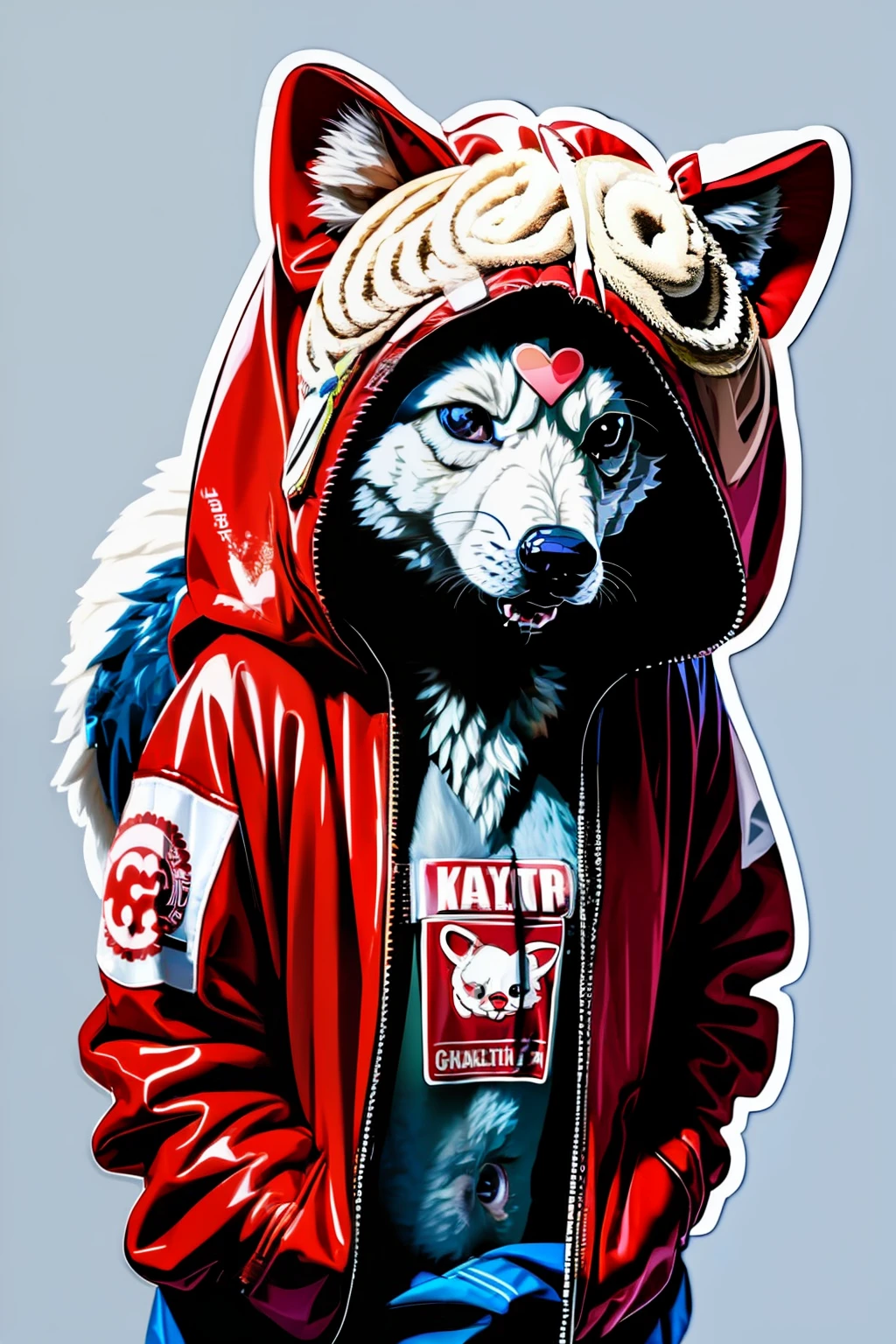 ((stickers)),white background,simple background,concept art,sots art, A cute Kawaii tiny hyper realistic baby wolf, wearing hip hop clothes, cinematic lighting