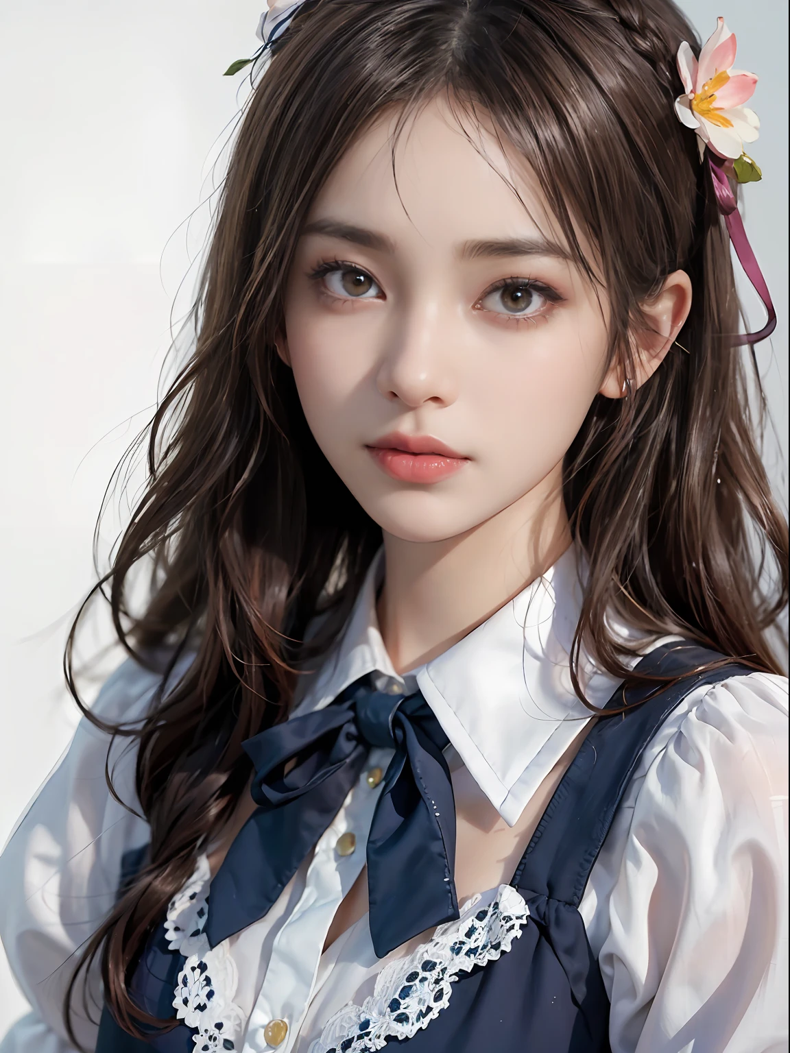 dressed, (photorealistic: 1.4), (hyperrealistic: 1.4), (realistic: 1.3), (smooth lighting: 1.05), (cinematic lighting quality improvement: 0.9), 32K, 1 girl, Japan woman, realistic lighting, backlit, face lights, ray tracking, (bright light: 1.2), (quality improvement: 1.4), ( Realistic textured skin of the highest quality: 1.4), fine detailed eyes, detailed face, fine quality eyes, brown eyes, (moist light pink lips that are wet and reflect light), (tired and sleepy and satisfied: 0.0), white silk blouse with blue floral pattern with ruffles and lace, ribbon ties with thin strings, dark brown hair, short cropped bangs on the forehead, small ribbons on the hair, small flower headbands, One adult woman with faint smile (isolated on white background)