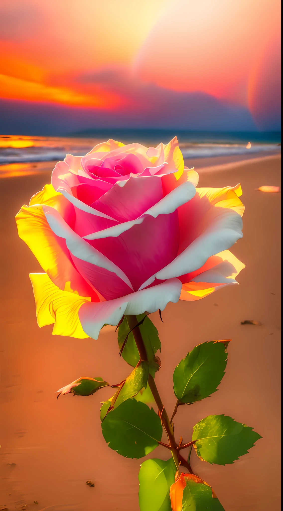 There is a white rose on the beach，The stem is red, melanchonic rose soft light, realistic colorful photography, photo of a rose, with beautiful colors, Vivid and beautiful colors, roses in cinematic light, amazing color photograph, colorful hd picure, author：Jan Rustham, highly realistic photograph, rainbow gradient bloom, hyper realistic color photo, Color HD photography, breathtaking colors