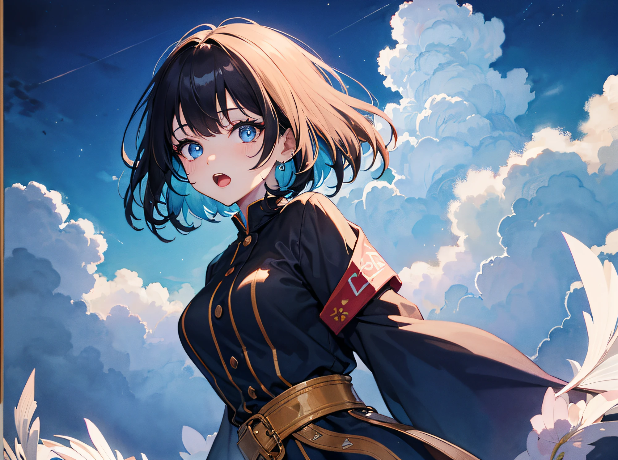 hyper detailed illustration ,superfine illustration, ((((masterpiece)))), High quality, very_high_resolution, Large_filesize, fulcolor ,Very cute and beautiful girl,Very cute and beautiful anime face and eyes, Very delicate eyes,eye shadow,Female, 年轻,20 years old, Short hair, Solo, 1 girl, pale skin , Waist to head, multicolored hair(shuicolor Dark blue black)、shortsleeves、Open mouth, small tits, arms behind back, watercolor paiting、Beautiful background,nigh sky、Fantastic background、