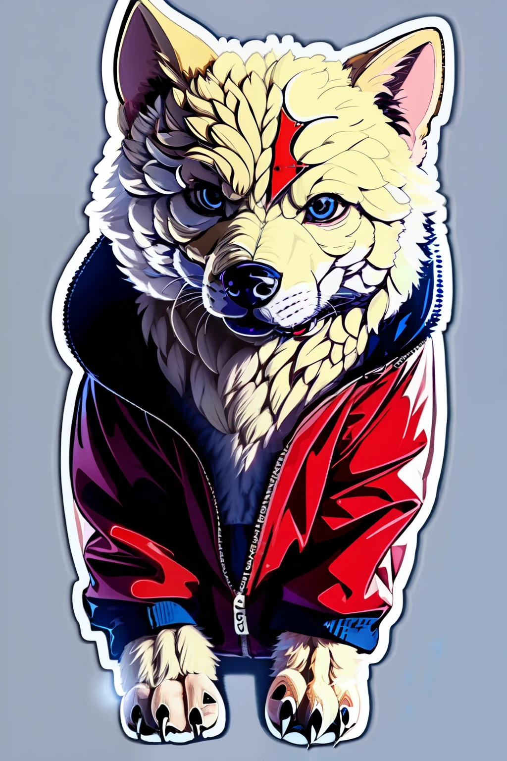 ((stickers)),white background,simple background,concept art,sots art, A cute Kawaii tiny hyper realistic baby wolf, wearing hip hop clothes,   cinematic lighting