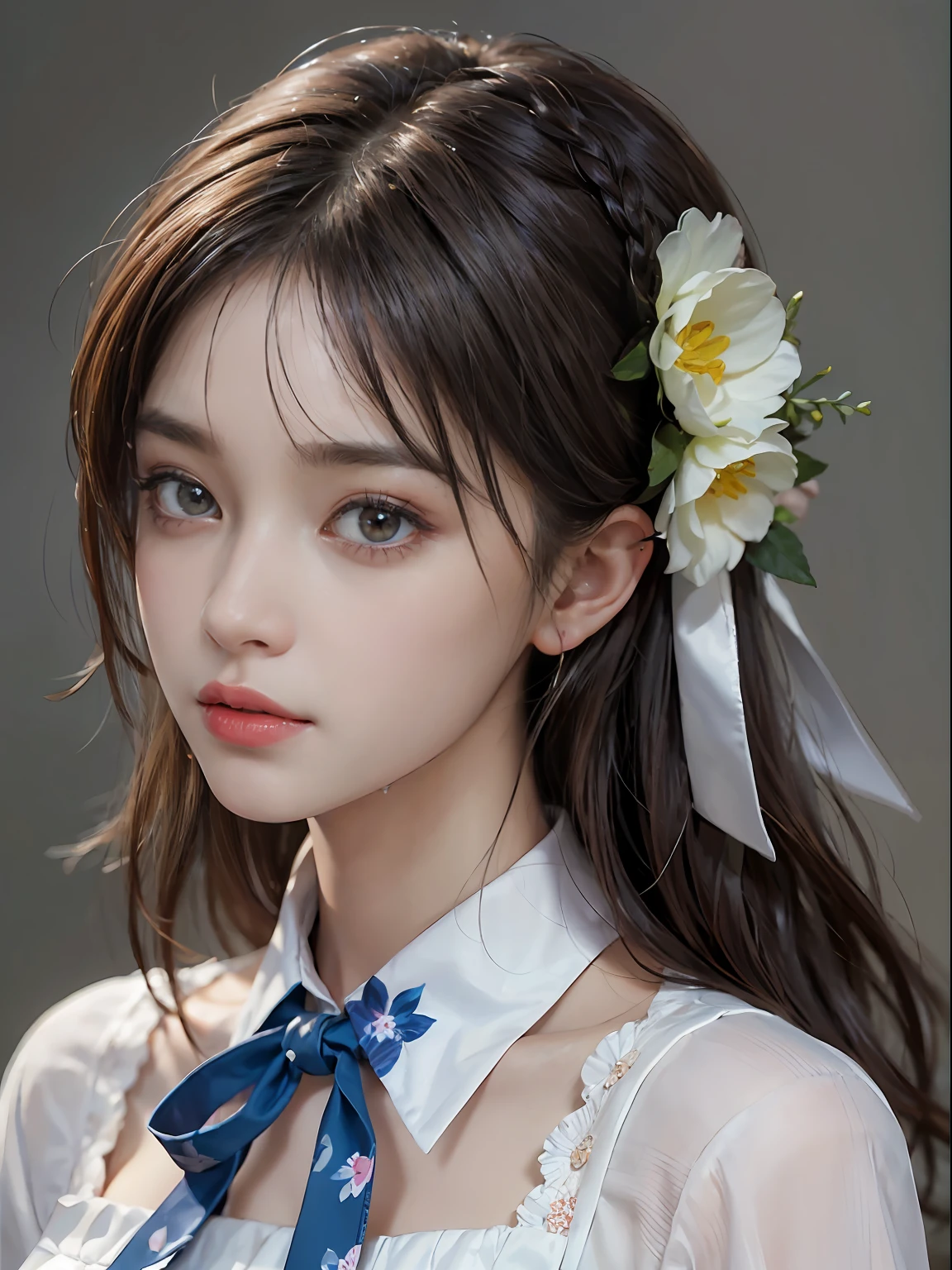 dressed, (photorealistic: 1.4), (hyperrealistic: 1.4), (realistic: 1.3), (smooth lighting: 1.05), (cinematic lighting quality improvement: 0.9), 32K, 1 girl, Japan woman, realistic lighting, backlit, face lights, ray tracking, (bright light: 1.2), (quality improvement: 1.4), ( Realistic textured skin of the highest quality: 1.4), fine detailed eyes, detailed face, fine quality eyes, brown eyes, (moist light pink lips that are wet and reflect light), (tired and sleepy and satisfied: 0.0), white silk blouse with blue floral pattern with ruffles and lace, ribbon ties with thin strings, dark brown hair, short cropped bangs on the forehead, small ribbons on the hair, small flower headbands, One adult woman with faint smile (isolated on white background)