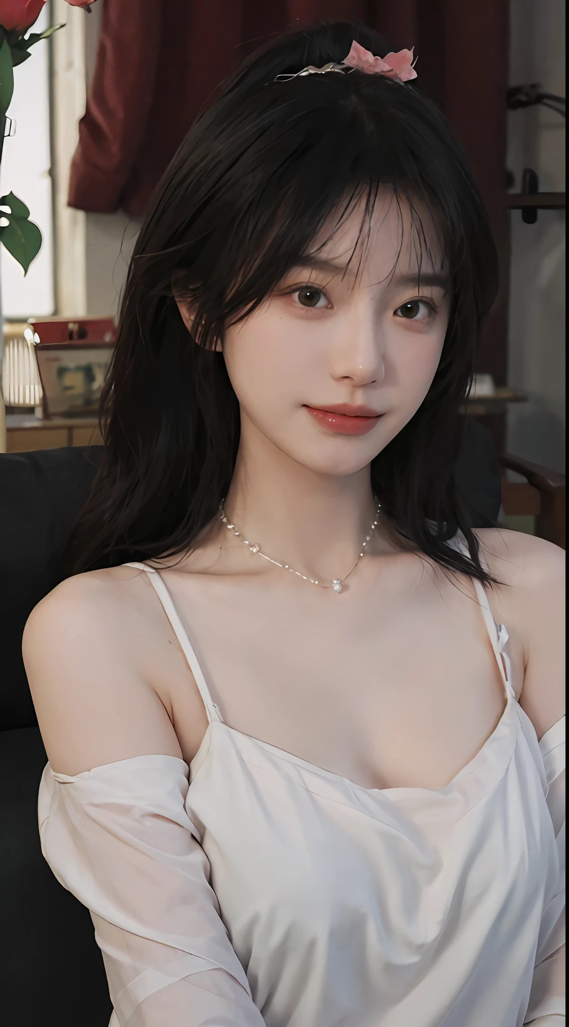 best qualtiy, 超高分辨率, (realisticlying:1.4),cute hairpin,Baoyu Girl,European style apartment,(flatchest:1.2) ,A pair of clear and moving peach blossom eyes,Royal Sister,sunshine on face,Big waves,(ln the forest:1.4),(choker necklace:1.2),(Fair skin:1.4),a sense of atmosphere,a beauty girl, ssmile,head straight-looking at viewer, closeup cleavage ,(Photorealistic:1.4),1girll,Sexy,(Upper body:1.4),(Wet body),(:1.2)