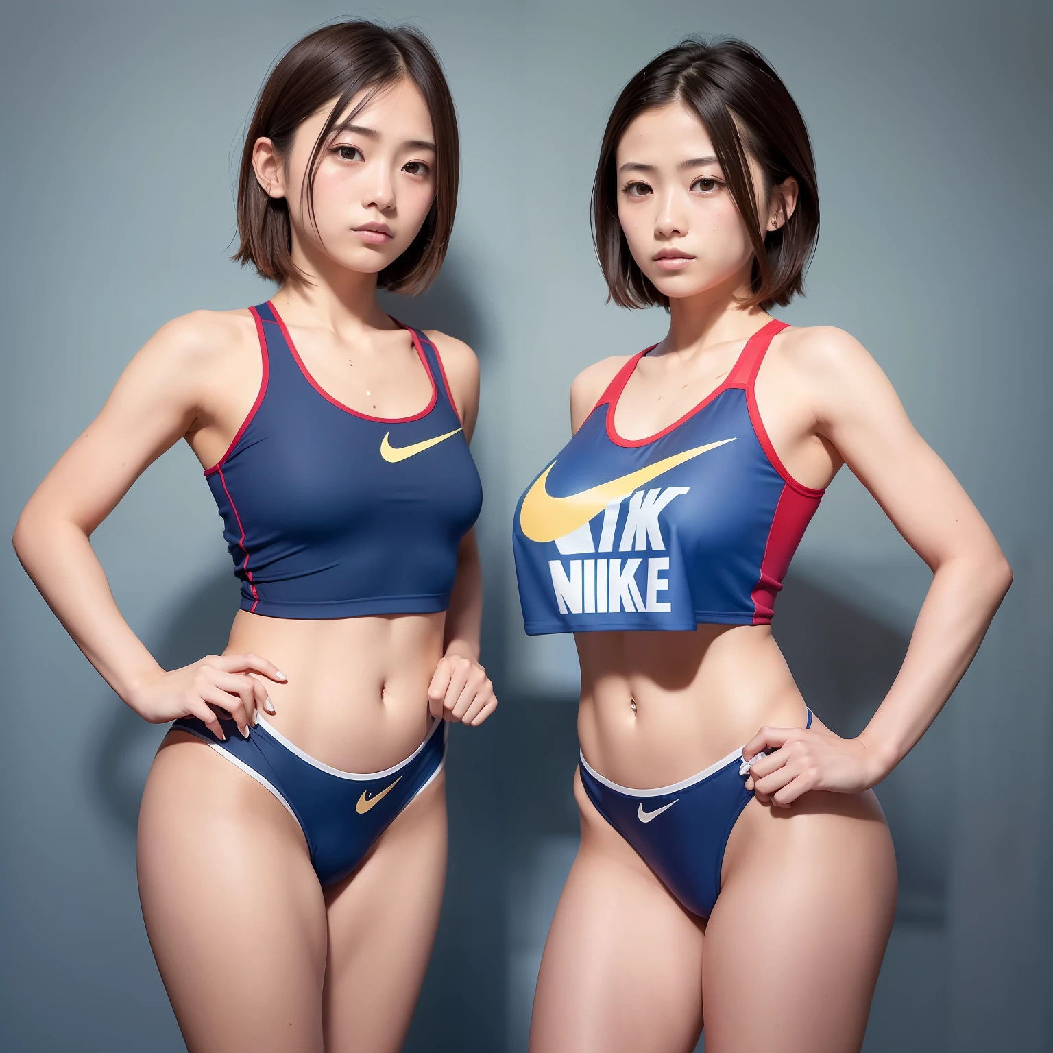 (solo), (a detailed full body RAW photo of a girl), (masterpiece:1.0), (best quality:1.4), (ultra highres:1.2), (photorealistic:1.4), 8k resolution, Canon EOS R5, 50mm, absurdres, ultra detailed, (22yo), sharp focus, cinematic lighting, detailed beautiful face, (no make up:1.2), (ulzzang-6500-v1.1), (satomi ishihara:1.2), petite figure, detailed skin texture, suntan skin, flat chest, (skinny and fit body:1.6), thigh gap, detailed brown hair, sweltering,(very short hair:1.5), smiling, (very small and simple and red and blue nike athletic wear for competition:1.5), realistic glistening skin, (sweating:1.45), sitting and wide open legs, cameltoe, crotch open, smile, visible hard nipples pushing bra,