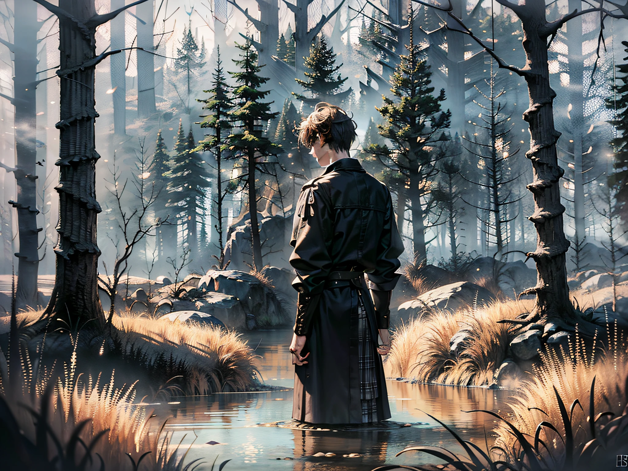 Grayish blue tones,Realistic oil painting style,The sky is overcast,The sun is not visible,The ager is alone in the forest,Tall and stout trees,Low bushes,Some dark shadows that are not very clear。Medieval European style clothing,18-year-old boy,The teen has his back to the screen,Back Shadow,Flood,depth of fields,thin fog
