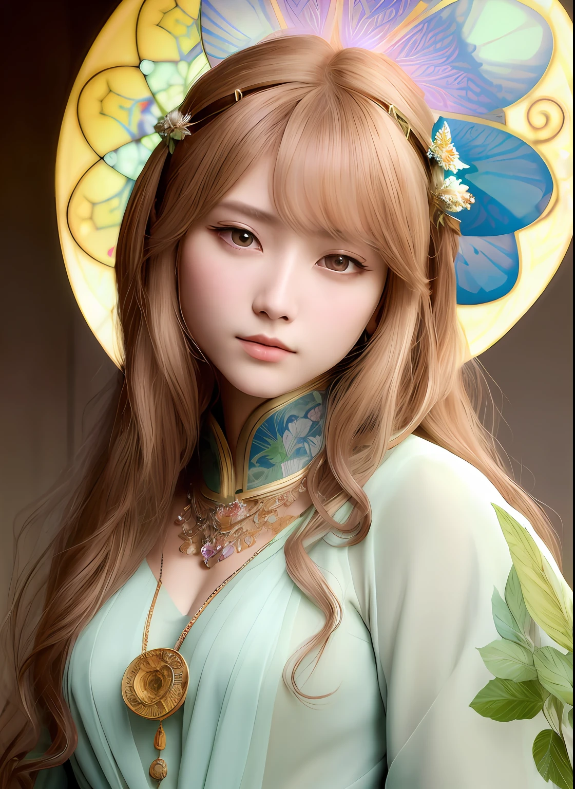 High quality, Masterpiece, Masterpiece, Exquisite facial features, Exquisite Hair, Elaborate Eyes, Delicate colored hair, 4K quality, Gorgeous light and shadow, Tyndall effect, Halo, Messy hair, Young state, Gorgeous scenes, Beautifully dressed, Chains, feater,Ancient Chinese beauty with big eyes,detail-rich, Digital painting, art stations, concept-art, Sharp focus, illustration, greg rutkovsky(greg rutkovsky)、An Alphonse Mucha's(Alphonse Mucha)and Victor Ngay(Victor Nkay)of works of art