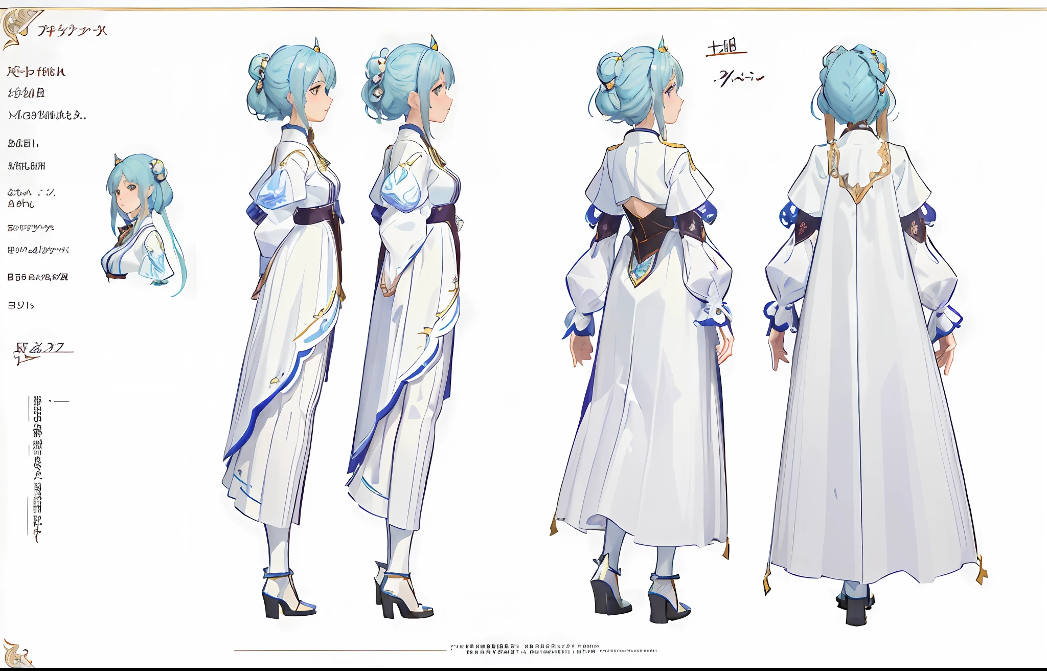 ((masterpiece)),(((best quality))),(character design sheet, same character, front, side, back), illustration, 1 girl, Random character, charturnbetalora, concept art, character concept art, character sketch, reference sheet, character sheet, (simple background, white background: 1.3)