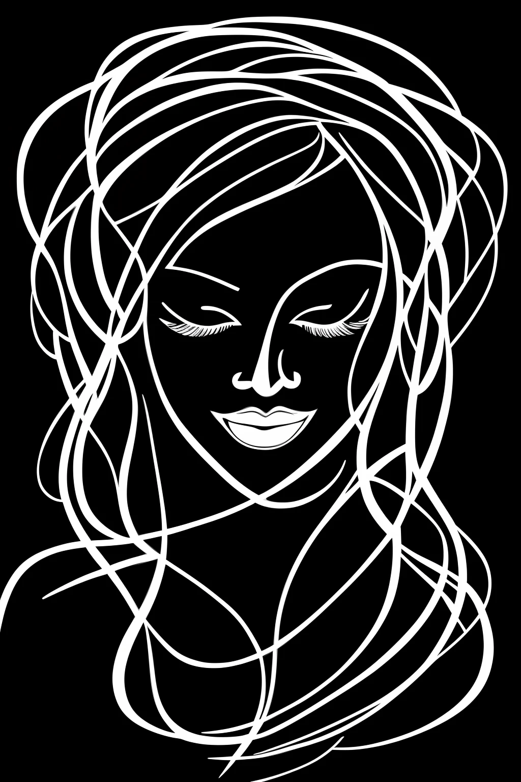 a black and white drawing of a beautifull woman nakedsexy smile, vector line - art style, illustration black outlining, illustration line art style, thick vector line art, line art portrait, exquisite line art, line art illustration, in style of digital illustration, vector line art, outlined art, vector style drawing, bold line art, glowwave girl portrait, thin line art