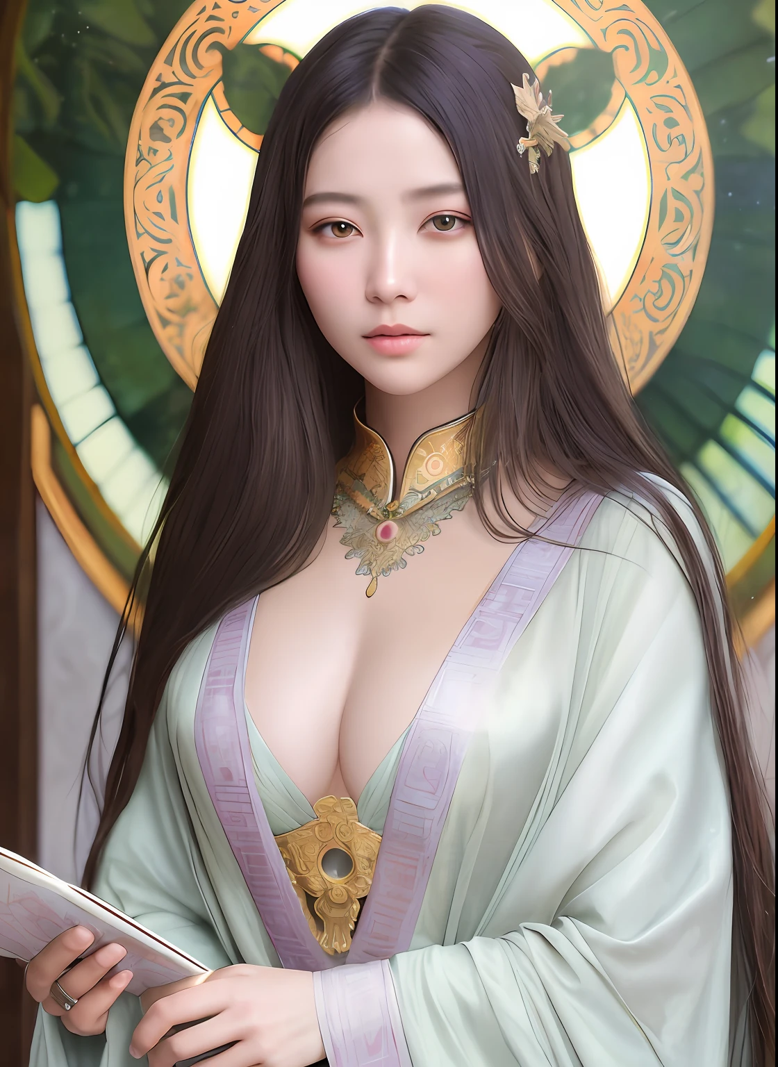 High quality, Masterpiece, Masterpiece, Exquisite facial features, Exquisite Hair, Elaborate Eyes, Delicate colored hair, 4K quality, Gorgeous light and shadow, Tyndall effect, Halo, Messy hair, Young state, Gorgeous scenes, Beautifully dressed, Chains, feater,Ancient Chinese beauty with big eyes，detail-rich, Digital painting, art  stations, concept-art, Sharp focus, illustration, greg rutkovsky（greg rutkovsky）、An Alphonse Mucha's（Alphonse Mucha）and Victor Ngay（Victor Nkay）of works of art