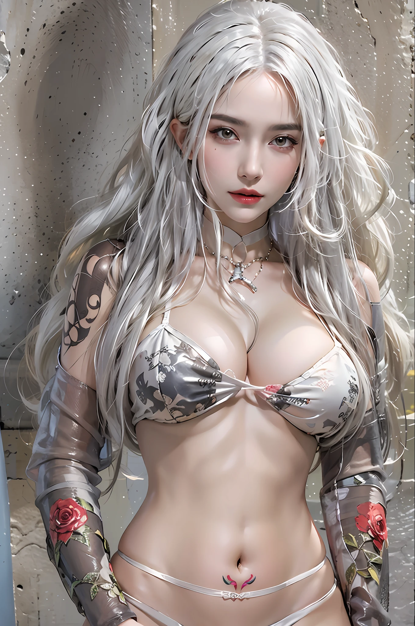 photorealistic, high resolution, 1women, solo, hips up, look at viewer, (detailed face), white hair, long hair, medium breasts, one tattoo on crotch
