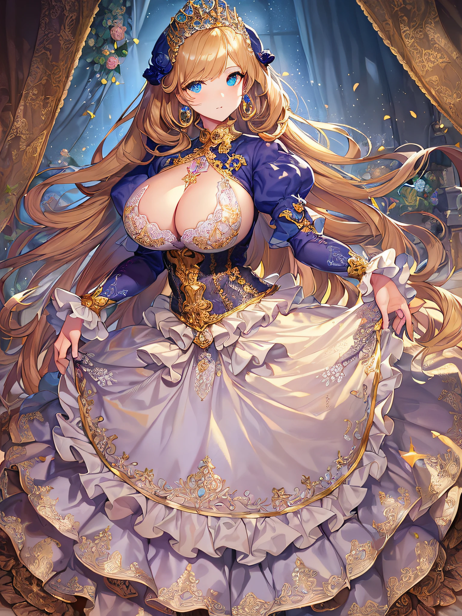 ((anime artstyle)),(Masterpiece),(Best Quality), (Super Detail),((Very Delicate and Beautiful)),((Solo)),((full body)),((1 princess in gorgeousfull rococo dress)),detailed face and eyes,jewel-like eyes,((voluminous Very Long Straight Hair)),((gigantic tits,Long tits)),skindentation,((gorgeousfull embroidery and lace)),gorgeous corsage,See-through,gorgeousfull hair ornament,gorgeousfull glitter jeweled tiara,ornate ruffles,((full body)),((hoop skirt,crinoline)),Dynamic Angle,Looking at viewer,(((gorgeous embroidery gorgeousfull rococo dress)),full body