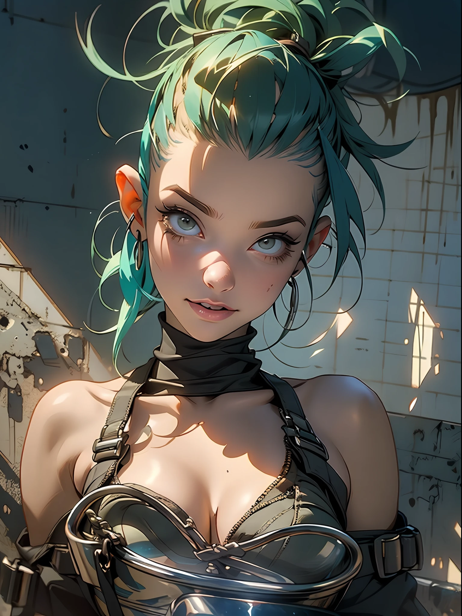 ((( corpo inteiro ))), master part, best quality, super detalhe, 8k, mulher linda, Tank Girl com cara de maluca, sorriso malicioso , roupa techno, (((corpo inteiro))), cabelo moicano colorido, garota punk, post-apocalyptic world, (( do tanque )), Nijistyle, roupas rasgadas e sujas, moicano curto, sides of shaved head, rosto limpo, corpo inteiro, Peito Inferior