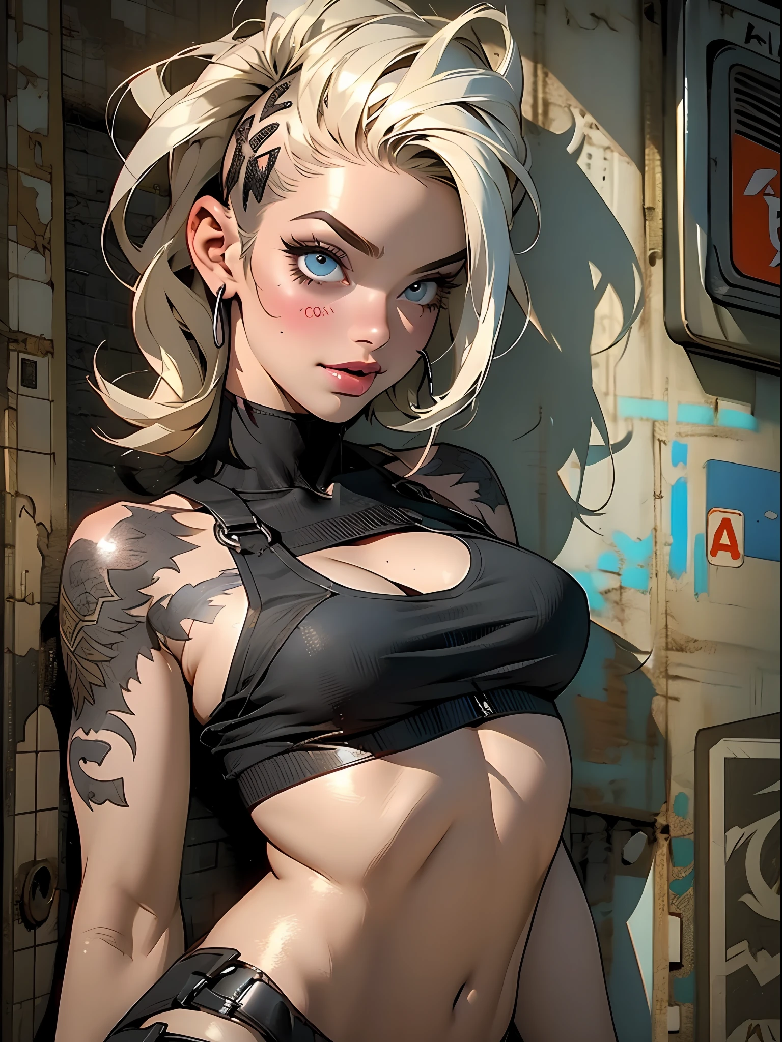 ((( corpo inteiro ))), master part, best quality, super detalhe, 8k, mulher linda, Tank Girl com cara de maluca, sorriso malicioso , roupa techno, (((corpo inteiro))), cabelo moicano colorido, garota punk, post-apocalyptic world, ((  do tanque )), Nijistyle, roupas rasgadas e sujas, moicano curto, sides of shaved head, rosto limpo, corpo inteiro, Peito Inferior