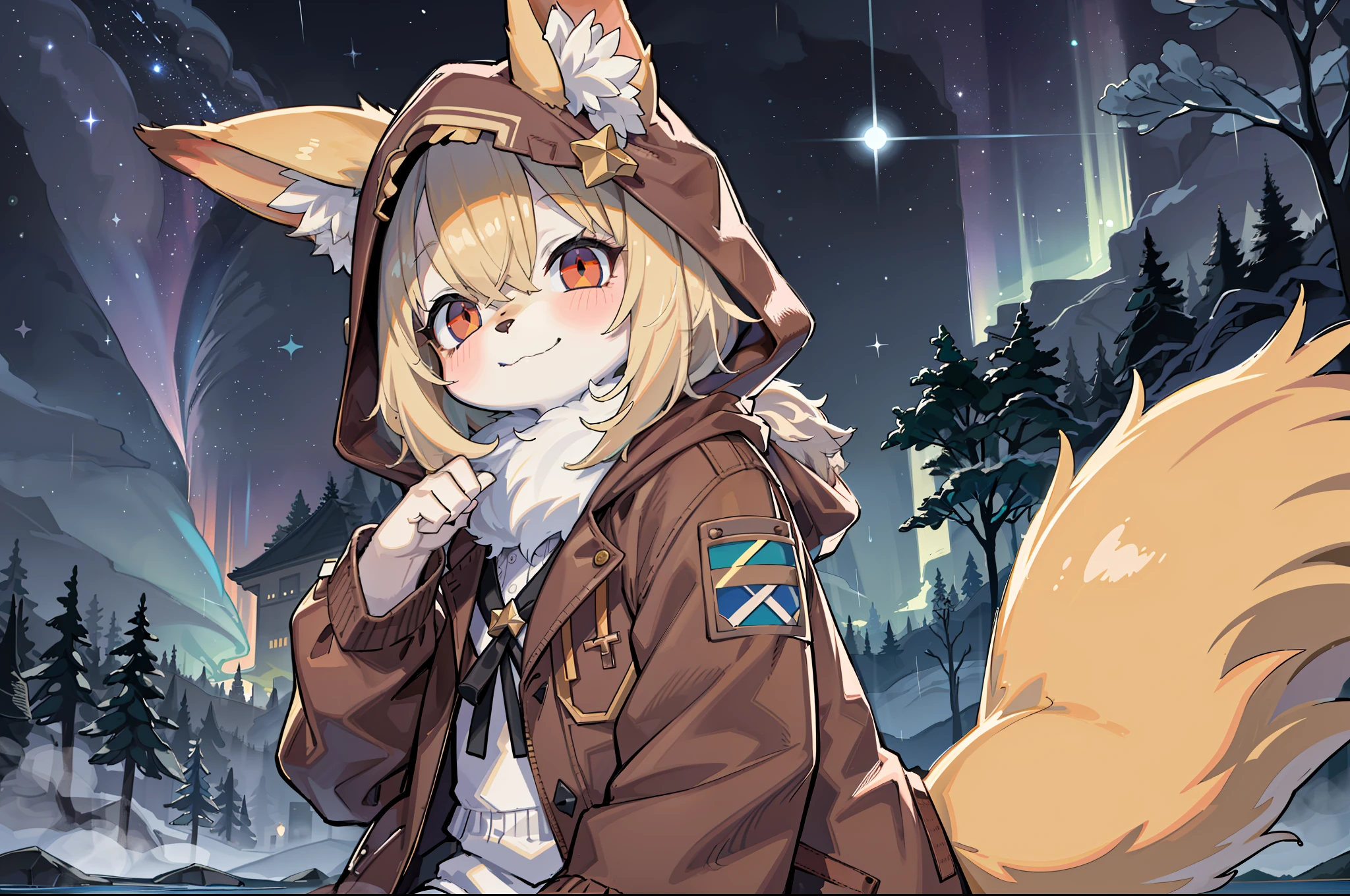Shota the fox,hairy pubic,shaggy,Skin fur,Golden fur,Golden yellow face fur,Short straight blonde hair,Eyes have light,Red eyes,Brown elements on fur,Brown coat brown hood up,Star pattern white top,brown shorts,Beautiful lights and shadows,Ambient light,Ultra-fine fur,volumettic light,natural lightting,fox tails,Fluffy tail,No Man, Lake, dark scenery, rain,Night,starrysky,Vast landscape,crossed bangs, Hairline, Shiny hair, lone nape hair, ,Dilated pupils,Sleepy,(moon full:1.2),(meteors:0.9),(Starcloud:1.3)(Warm light source:1.2),aurora,nevando,snowfield, Extra-long sleeves, Purple and orange,Complicated details,Volumetriclighting,Realist breakthrough(tmasterpiece:1.2)(best qualtiy),4K,Ultra-delicate,(Dynamic configuration:1.4),Highly detailed and colorful details,(Irridescent color :1.2),(luminouslighting,Atmospheric lighting),dream magical,magic,(独奏:1.2)Glowing light,Light blush, The smiley face has a faint blush, smiley,Single