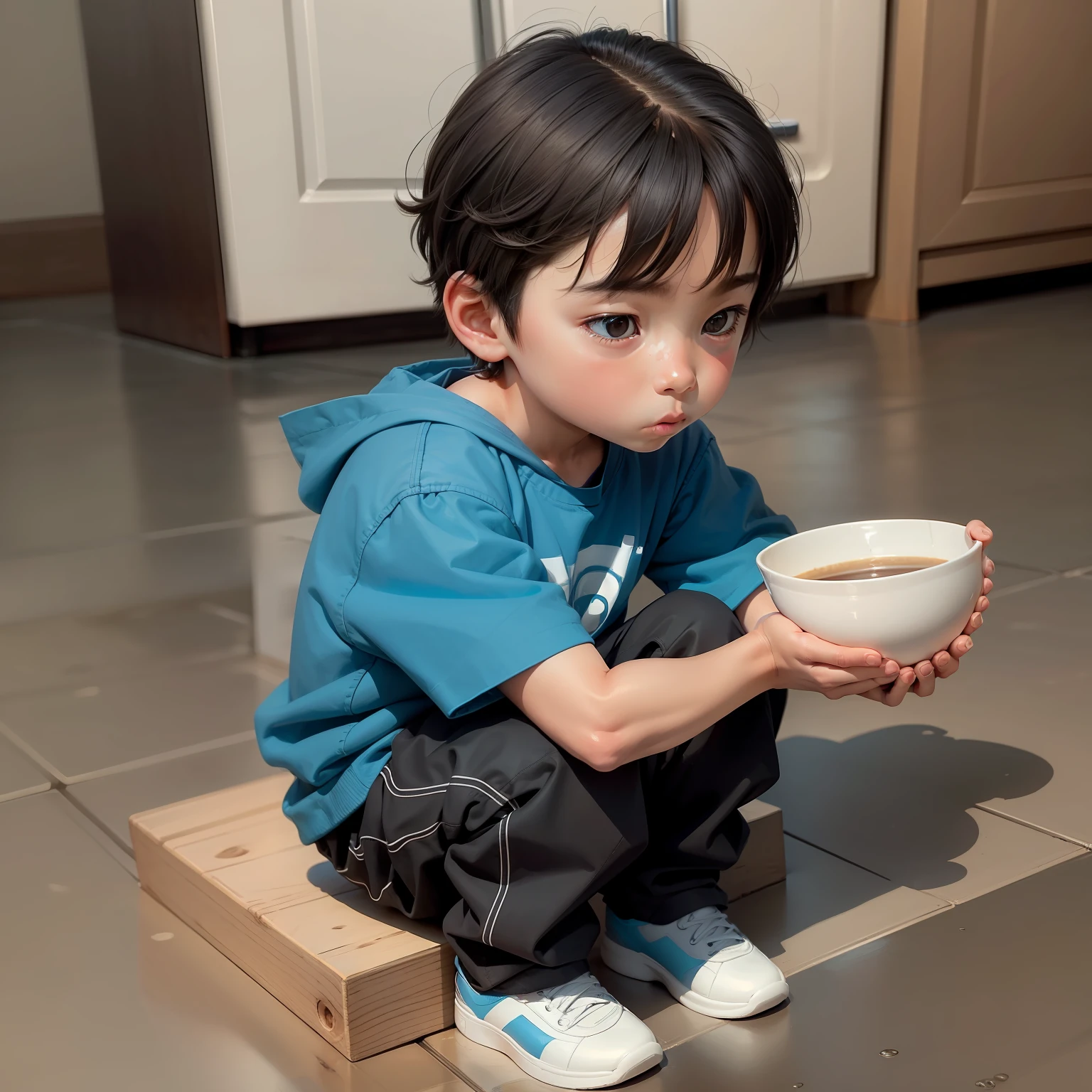 ,Hold a large bowl in both hands,Head down and drink water,SQUATTING to sitting on the ground,