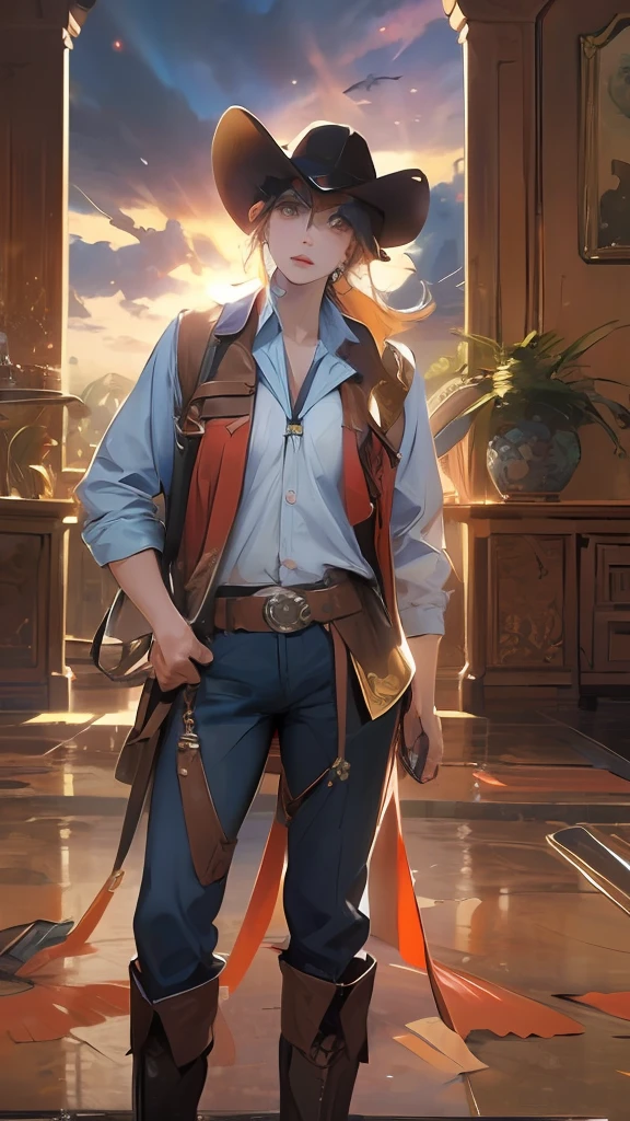 (masterpiece, best quality:1.4), cowboy shot, looking at viewer, sunlight, cloudy sky,