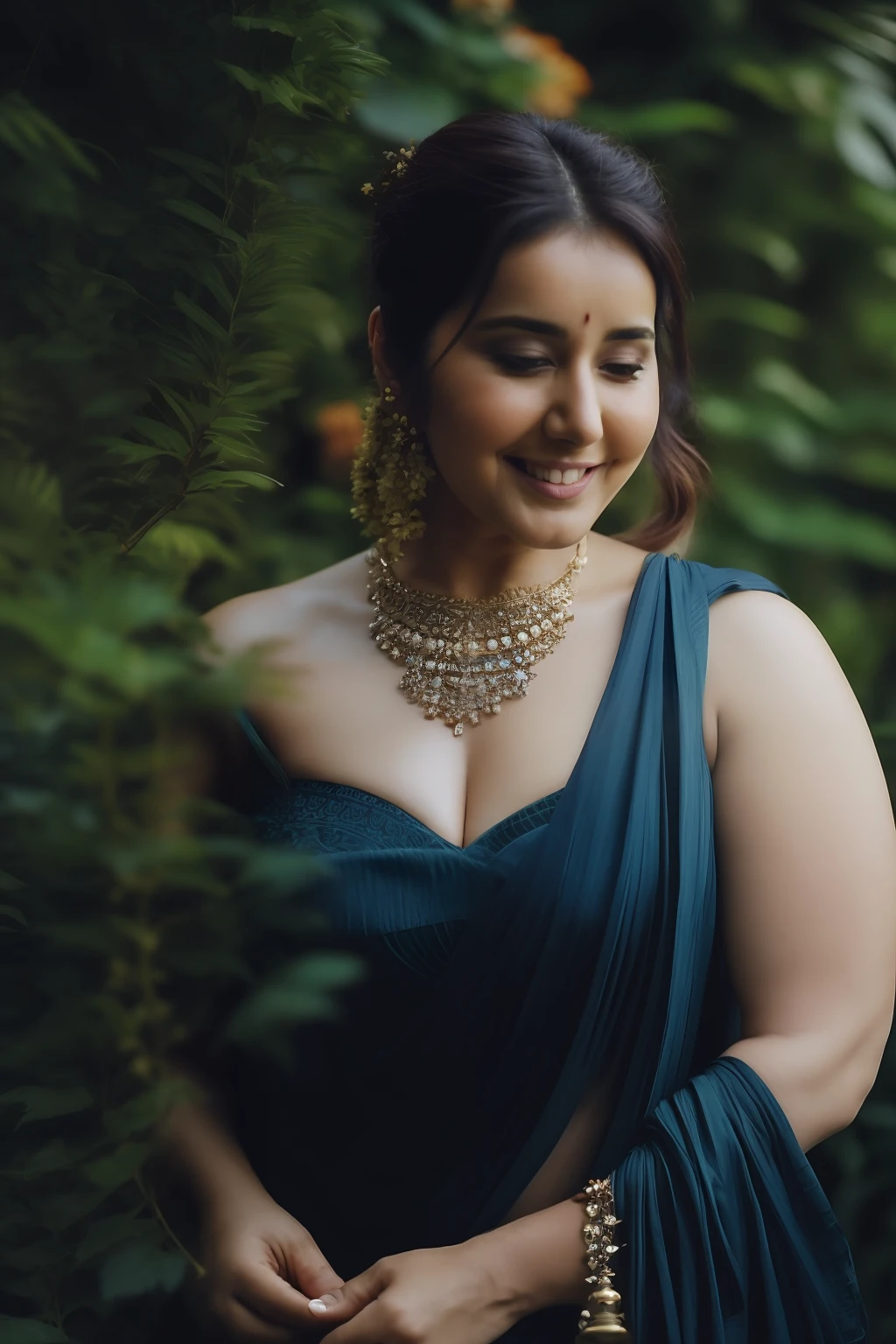 Nsfw, day scene, photo of naked (jaya prada:0.1), big cheeks, , perfect breasts, posing in a garden, hourglass figure, armpits, (blue eyes:1), ponytail, necklace, 30 yo, look at viewer and smile, (cinematic:1.3), intricate details, (ArtStation:1.2) rashi khanna