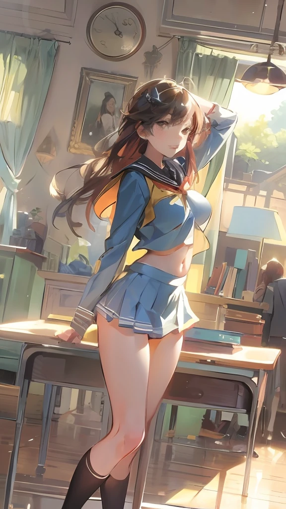1girl,large breasts,midriff,
indoors,bedroom,standing,cowboy shot, ((school_uniform))