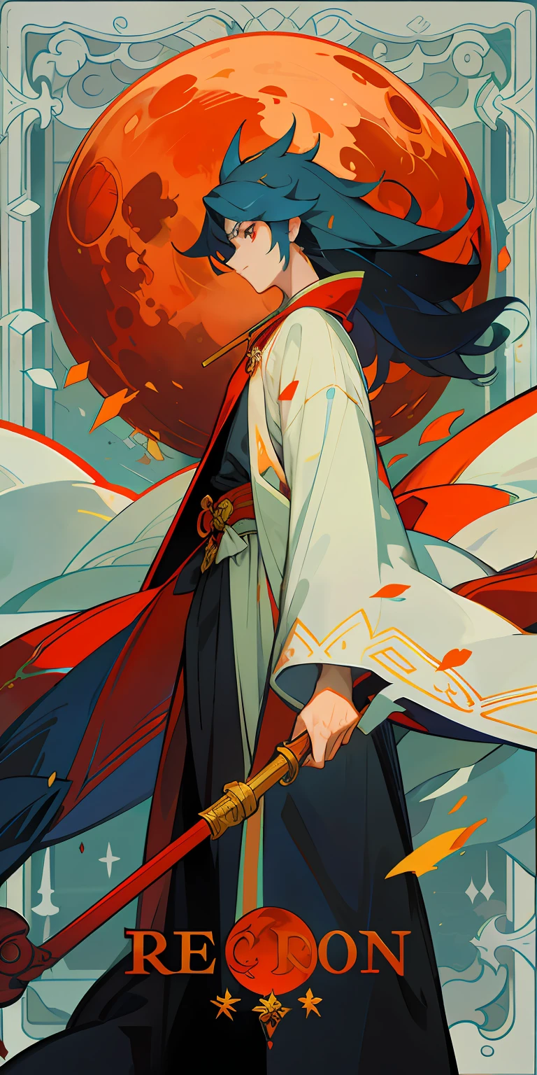 Anime poster of a woman with a sword and a red moon, Onmyoji detailed art, Artgerm and Atey Ghailan, Alphonse mucha and rossdraws, onmyoji portrait, onmyoji, demon slayer rui fanart, handsome guy in demon killer art, Anime fantasy illustration, inspired by Krenz Cushart, Detailed digital anime art