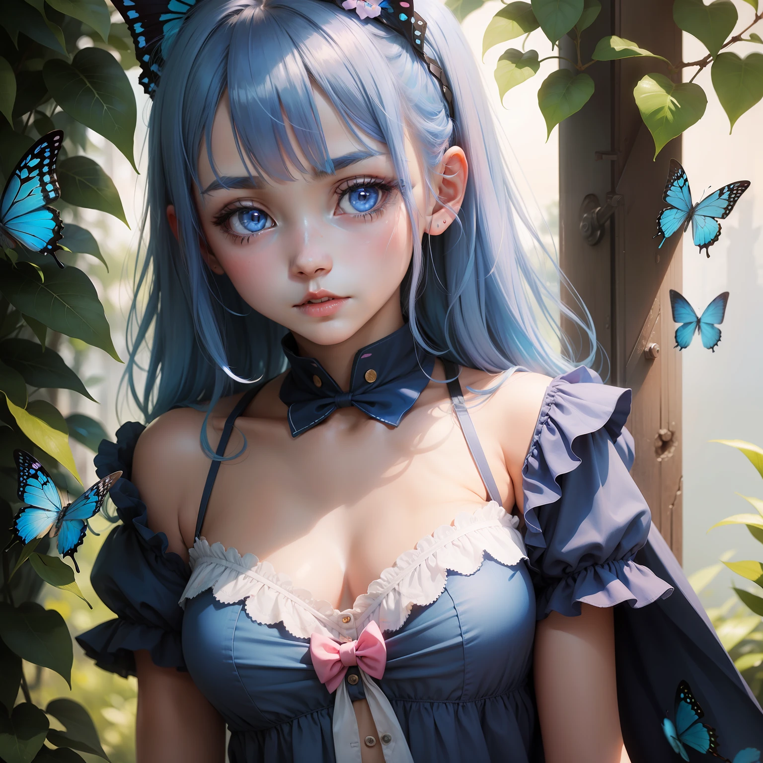 a young girl, blue butterfly, blue hair, pink eyes