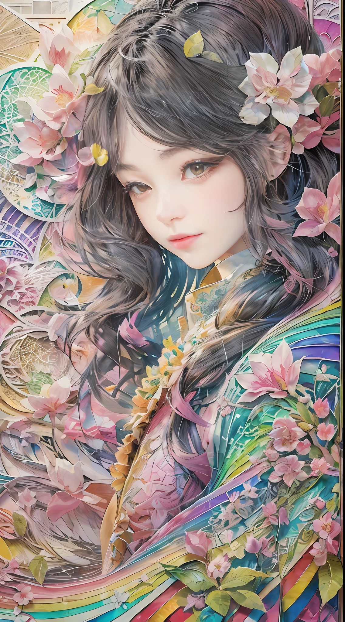 Rainbow Colors" theme,(1 girl,Representative work Peach Blossom，Masterpiece snow), (illustration:1.2,paper art:1.2, zentangle:1.5, geomerty:1.2,a 3D render),(Best quality, Detailed details, Masterpiece, offcial art, movie light effect, 4K, Chiaroscuro