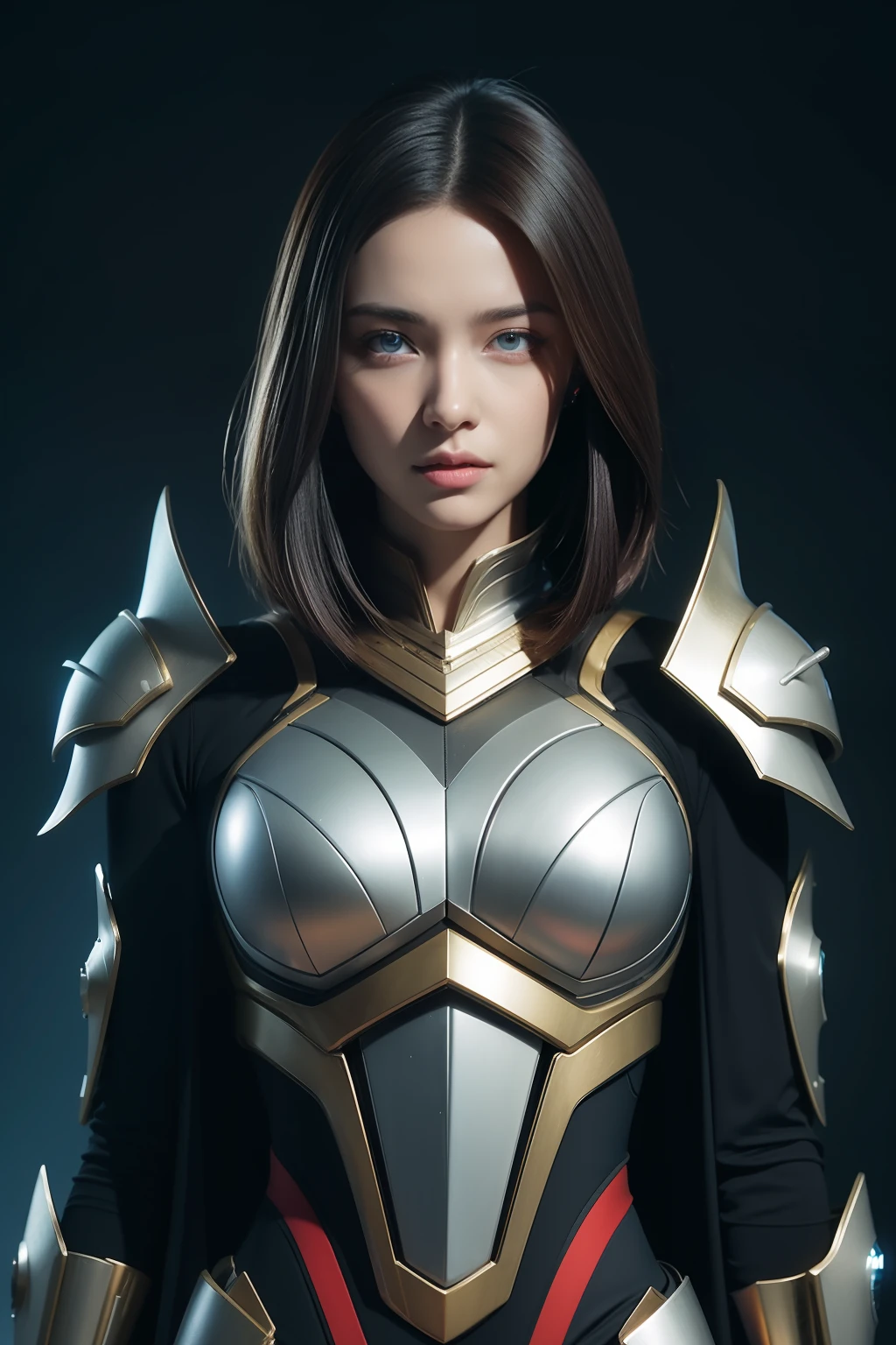 Exoskeleton mech,afofuturism,Gold and red theme style,offcial art,Unity 8k wallpaper,Hyper-detailing,Master masterpieces,,Best quality at best,A woman who is,(The is very detailed),(RAW photos,best qualtiy),(Realistis,realisticlying:1.3),High- sharpness,Open Your Mouth Lightly,Ultra detailed complex 3D rendering of the face,,(highly detailedskin:1.2),),Beautiful Caucasian Woman,Soft breasts and fair skin ,Black color hair,eBlue eyes,long whitr hair,,dynamic angle,Mysterious expressions,fire glow effect,Fantasy background,edge lit,Side brightness,cinematric light,hyper HD,8K,filmgrain,Best shadow,light particules,detailed skin textures,Detailed jewel armor texture,detailed face with,with intricate detail,ultra - detailed,brightly,sturdy,Silver armor,,Slender abs, have glowing weapons,Mech shield,pole,(Beautiful huge mech crown with details)),shinning eyes,long cape,fanciful,,,,,(Realistis),