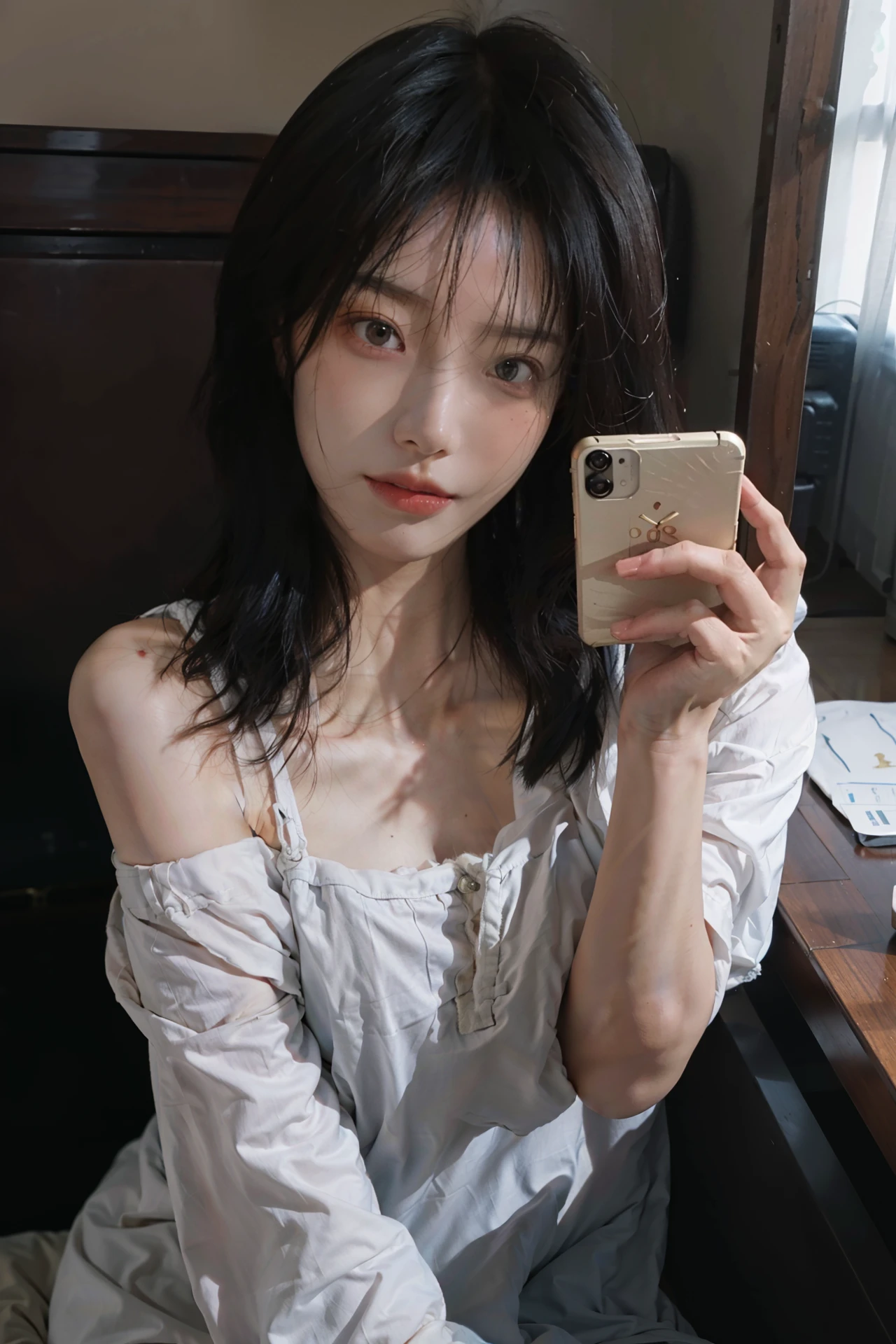 8K, Best Quality, Masterpiece, Ultra High Resolution, (Realism: 1.4), Original Photo, (True Skin Texture: 1.3), (Film Grain: 1.3), (Selfie Angle), 1 Girl, Beautiful Eyes and Face Details, Masterpiece, Best Quality, Close Up, Full Body,