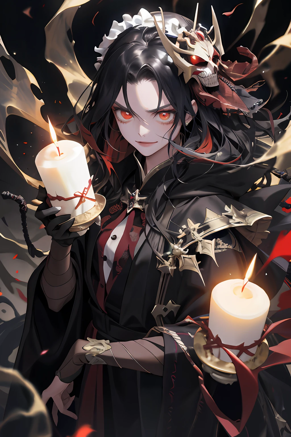 (hoang lap, A high resolution, ultra - detailed), A girl, 独奏, Extremely detailed eyes, Colorful, highest details, (Style swirl magic: 0.8), (Skeleton Undead:0.6), paleskin, sportrait, (bloody scars:0.7), head looking up, 独奏, Half shot, dynamicposes, detailedbackground, evilsmile, The demons, Flowing makeup, Red cloud, Combat posture, Robe of the Night, Dark cave, Sinister atmosphere, gothic theme, Messenger of false light, arachne, spiderwebs, Dark magic, decadent, Evil energy emanated, Dark magic colors freeze in waves in the air, 锁链, waxy candles, evil symbols, bandage on, Raised eyebrows, x-shaped pupils, Heterochromia, Red eyes, Evil smile, Striped hair, Black hair, masks on head, Raised eyebrows, hyper HD, retinas, Masterpiece, ccurate, Anatomically correct, Textured skin, Best quality, A high resolution, Super detail, High details, High quality, Award-Awarded, 8K