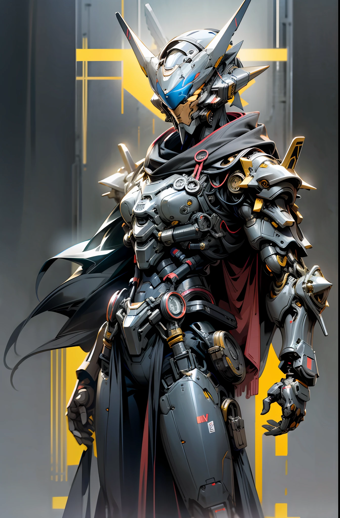 Dark_Fantasy,Cyberpunk,1manMechanical marvel,Robotic presence,Cybernetic guardian, ninja mechanical armour, katana on the waist, absolutely stunning art,wearing a black cloak, highest quality art, highest resolution, hyper detailed,black and yellow, futuristic, samurai robot, atmospheric,8k,64k, HD, unparalleled masterpiece, dynamic lighting, cinematic, epic