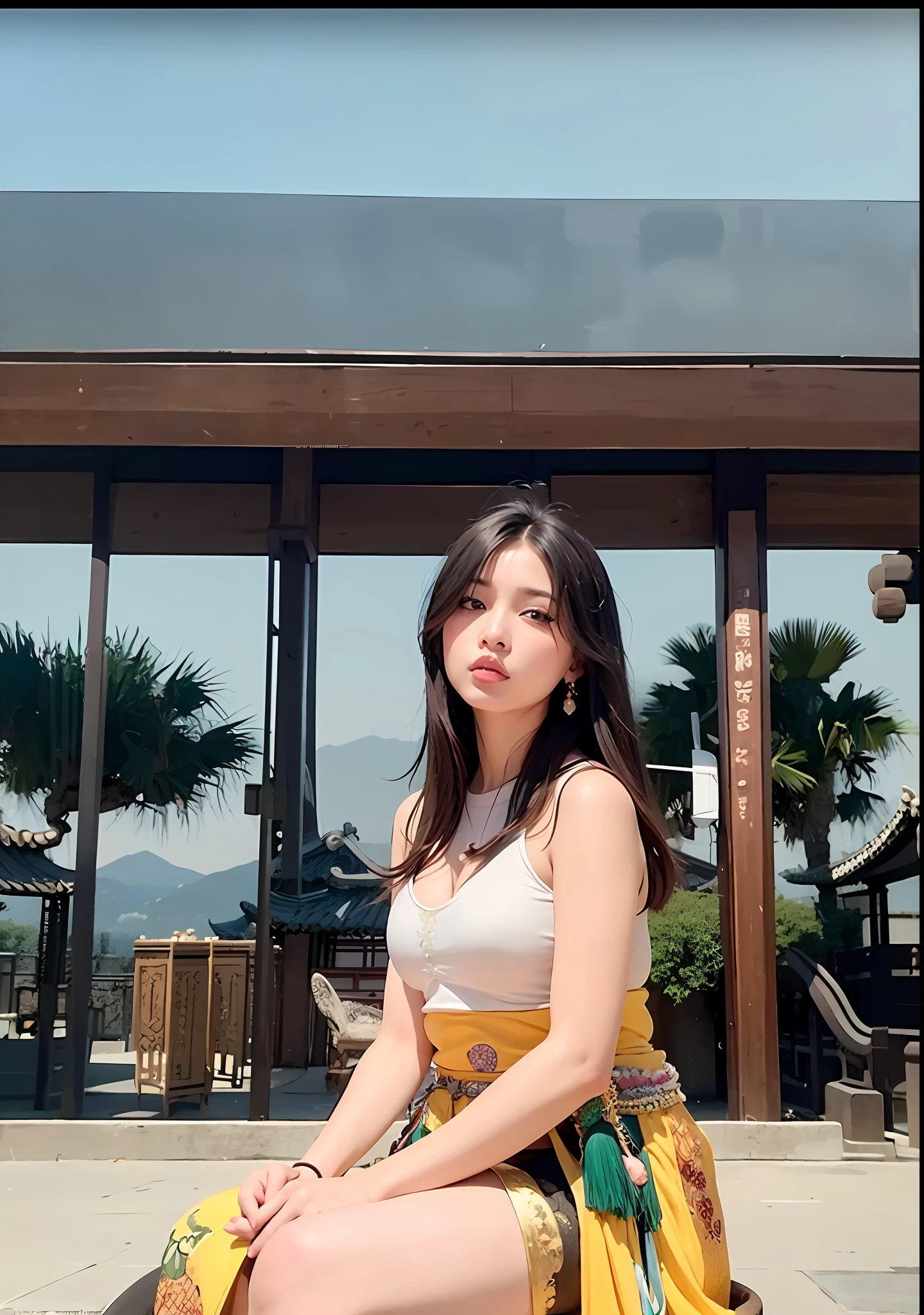 masterpiece, best quality, 1girl, aqua eyes, black hair, closed mouth, earrings, multicolored background, jewelry, looking at viewer, long hair, outdoors, solo, upper body, ((perfect female figure)) narrow waist, chinese deity, looking at viewer, seductive posture, sexy pose, alluring, clean, beautiful face, pure face, pale skin, ((china dress,chinese clothes)),