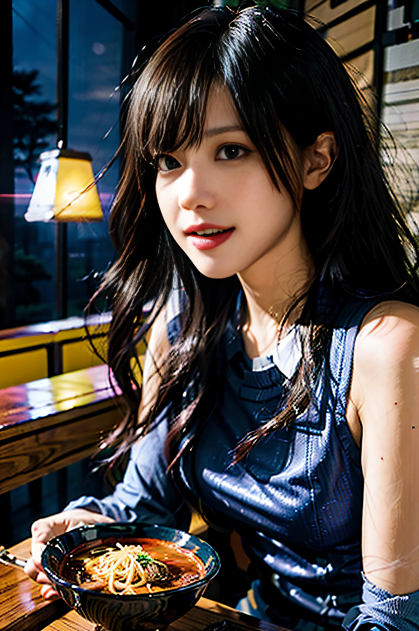 (masterpiece), best quality, ultra high res, close up, slim body, 1girl,school uniform, long hair, laughing, ramen, night, Tokyo restaurant background, colorful lights, photon mapping, radiosity, physically-based rendering, cinematic lighting, intricate, High Detail, Sharp focus, dramatic, photorealistic