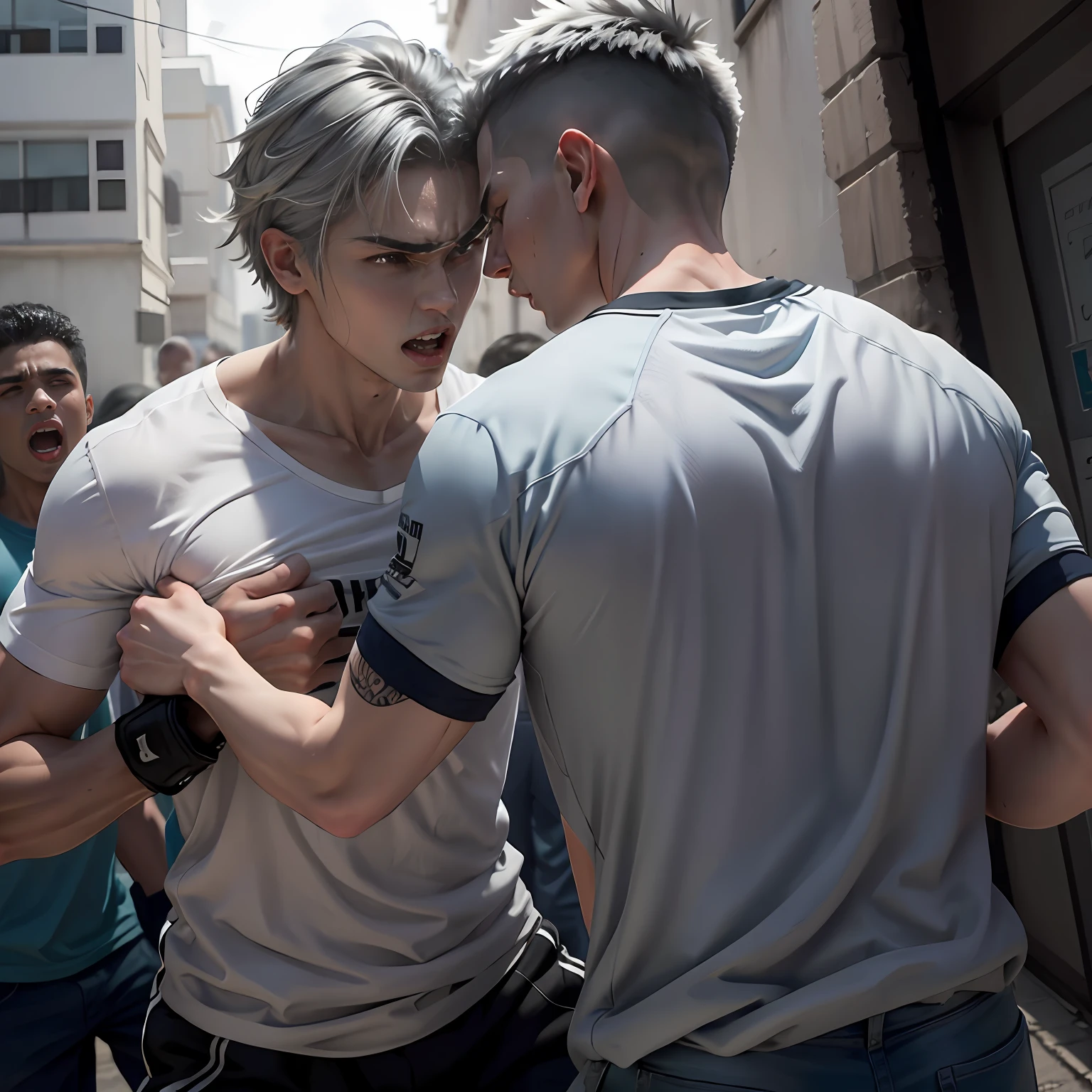straight silver-gray hair they hit each other they shout at each other they are angryA 15-year-old boy grabs his 15-year-old brother by the neck , They are facing each other are fighting their angry face, grabs him by the shirt and threatens to hit him with his fist... , esta enfadado con ganas de golpearlo ambos tienen cabello gris plateado camisetas negras