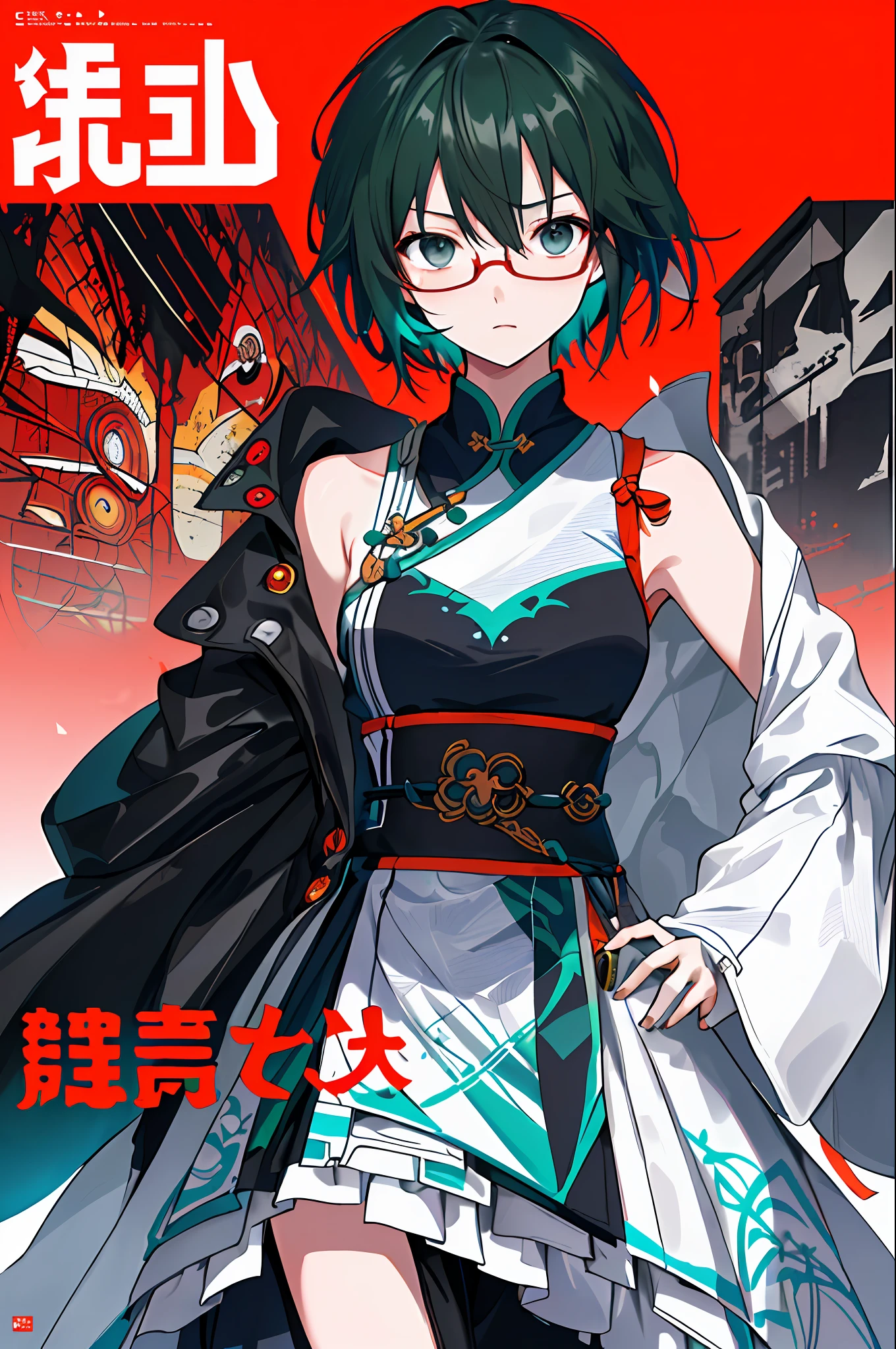 ((((Dramatic))), (((grittiness))), (((Intense))) The movie poster features a young woman as the central character。She stands confidently in the center of the poster，There is a sense of danger and a strong feeling。The text is bold and eye-catching，With catchy slogans，Adds to the overall drama and excitement。The color palette is dominated by dark 1 girls，Sateen，exteriors，messy  hair，Trends on ArtStation，8K分辨率，The is very detailed，anatomically correcte，Sharp images，digitial painting，concept-art，Trends on pixiv，Estilo de Makoto Shinkai，Dark green hair，short detailed hair，Black eyes，Chinese outfit，eye glass,Dotted with bright colors，Make the poster dynamic and visually striking，tachi-e (Magazines:1.3), (Cover-style:1.3), Fashionab, woman, vibrant, Outfit, posing on a, Front,rich colourful，dyna，Background with，element in，self-assured，Expressing the，halter，statement，Attachment，A majestic，coil，Runt，Touching pubic area，Scenes，text，Cover of a，boldness，attention-grabbing，titles，Fashionab，typeface，Catchy，titles，more big，Smart、moderno、Trendy、focus-on、Fashionab、