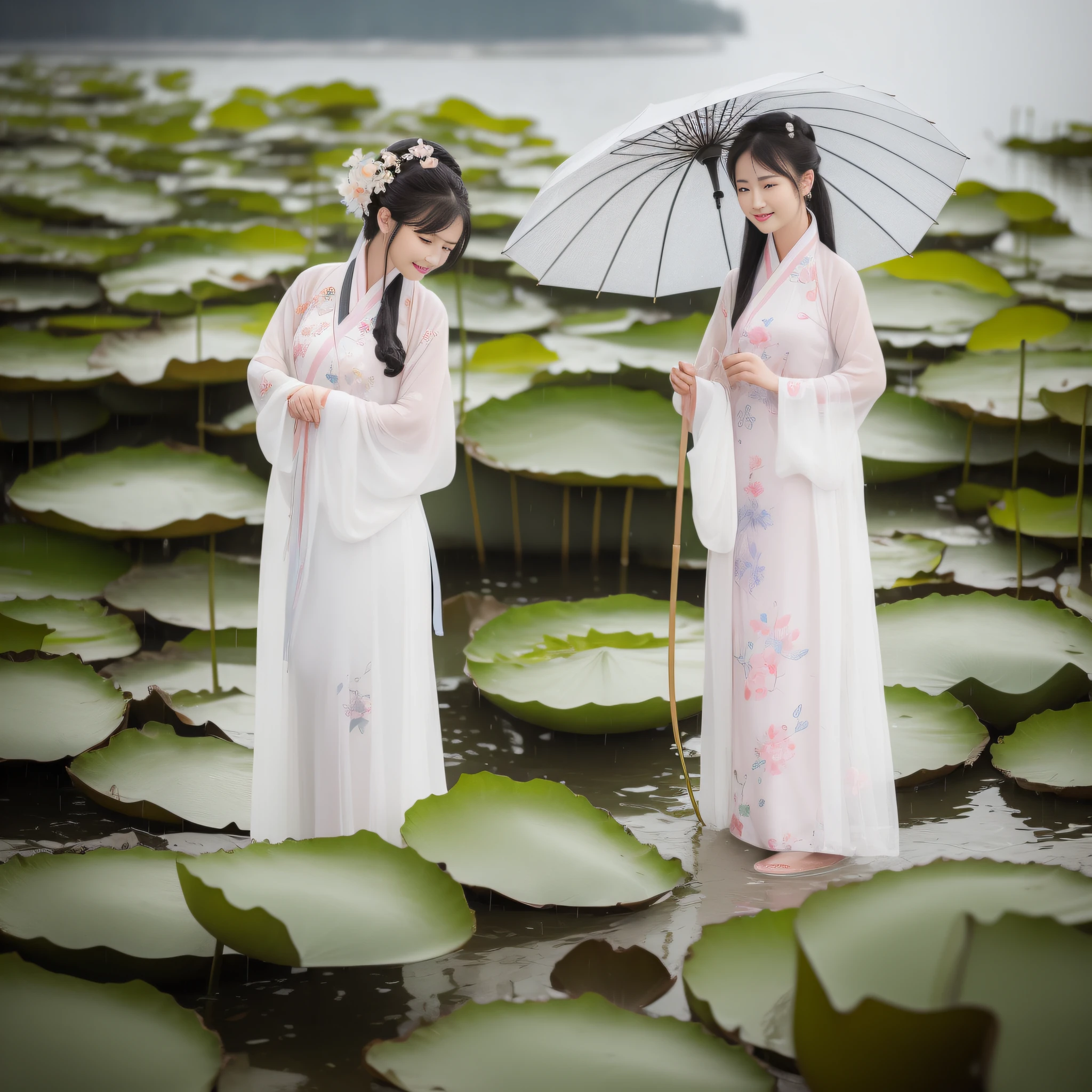 On a rainy day,A woman in Hanfu stands on the shore picking lotus flowers,Next to her, another woman held an umbrella for her。