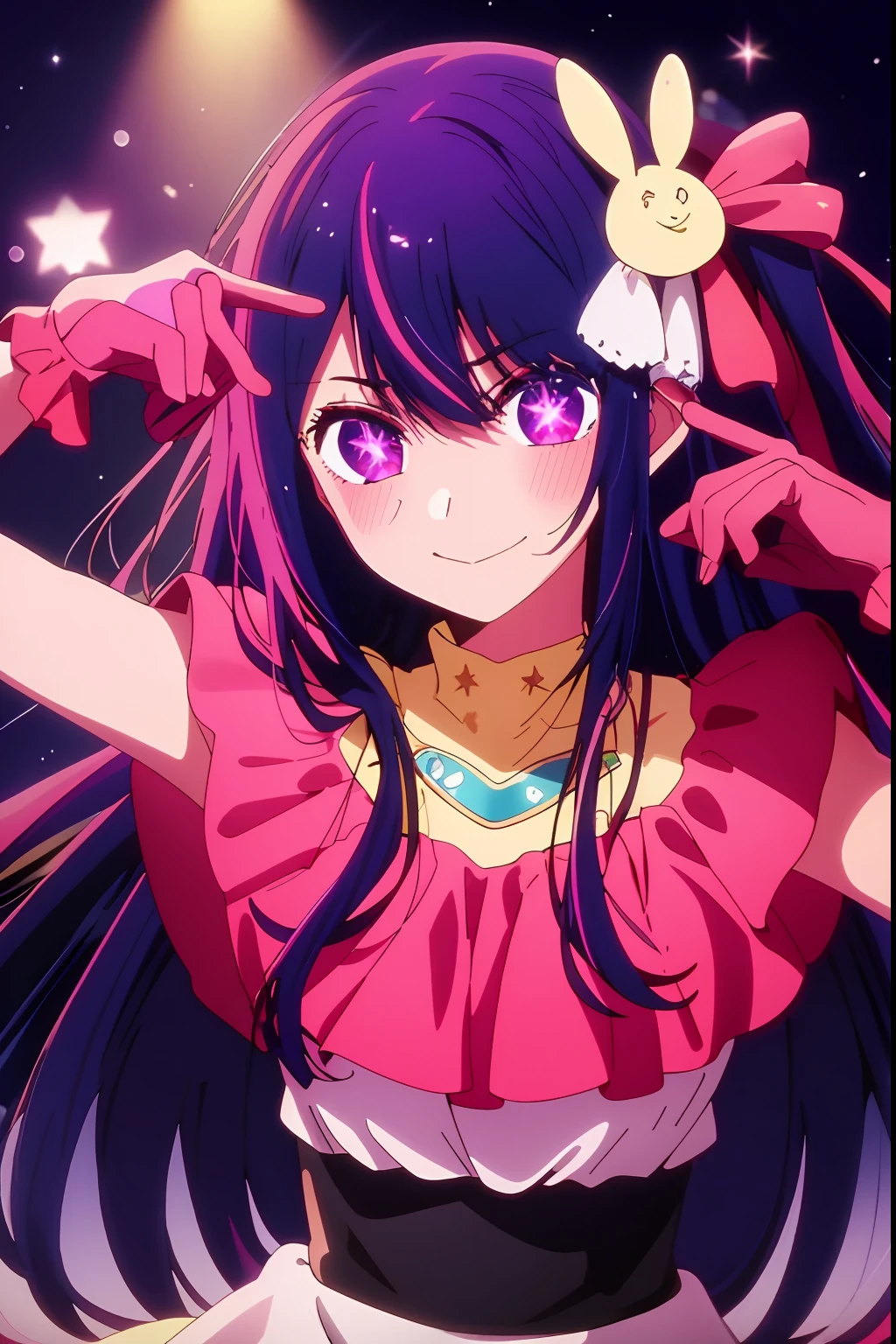 masterpiece、ighly detailed、(1 girl in:1.2)、purple color hair、pink dress、big eye、a closeup、Naughty smile、8K 、Ai Hoshino、Live performance venue、Star Eyes